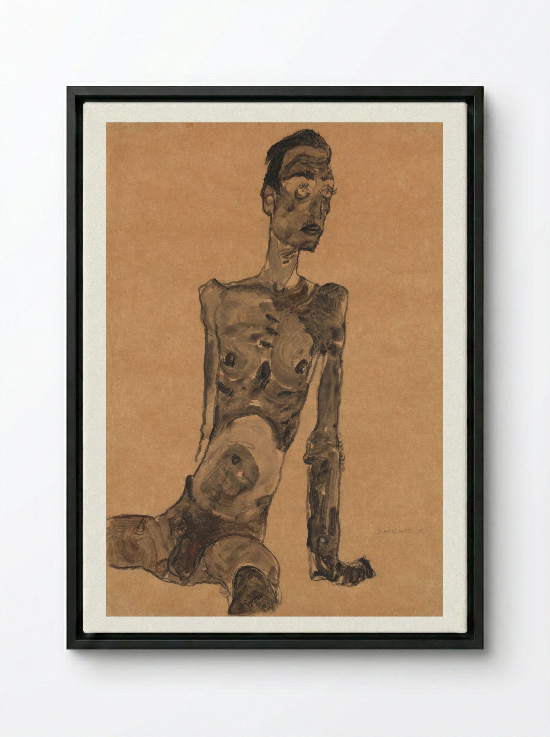 Seated Male Nude - Egon Schiele - Framed Canvas Black