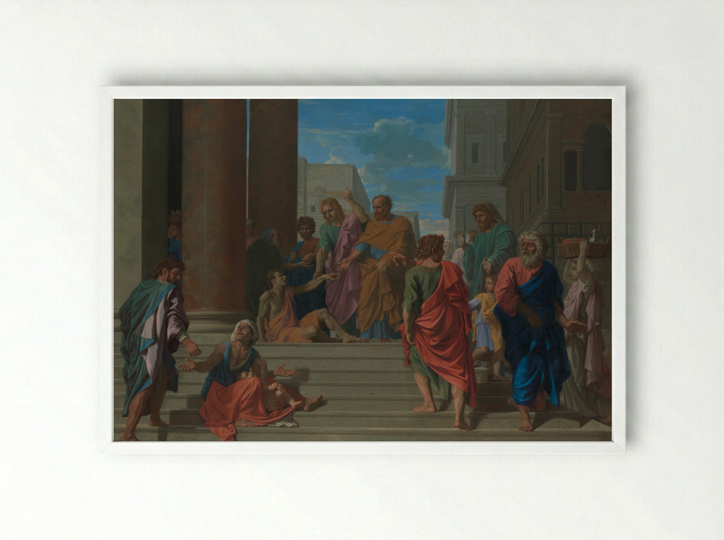 Saints Peter and John Healing the Lame Man - Nicolas Poussin - Framed Print White