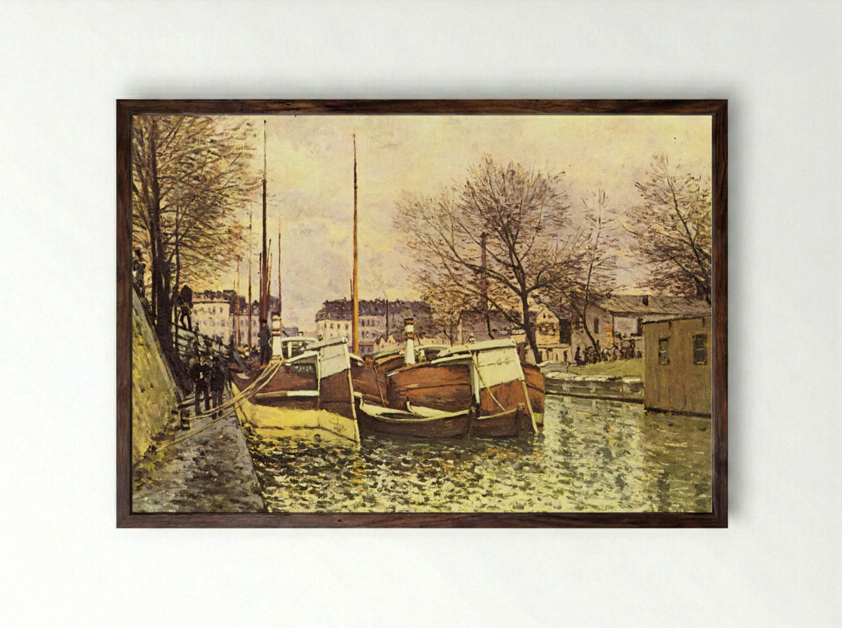 Barges on the Canal Saint-Martin, Paris - Alfred Sisley - Framed Print Dark Wood