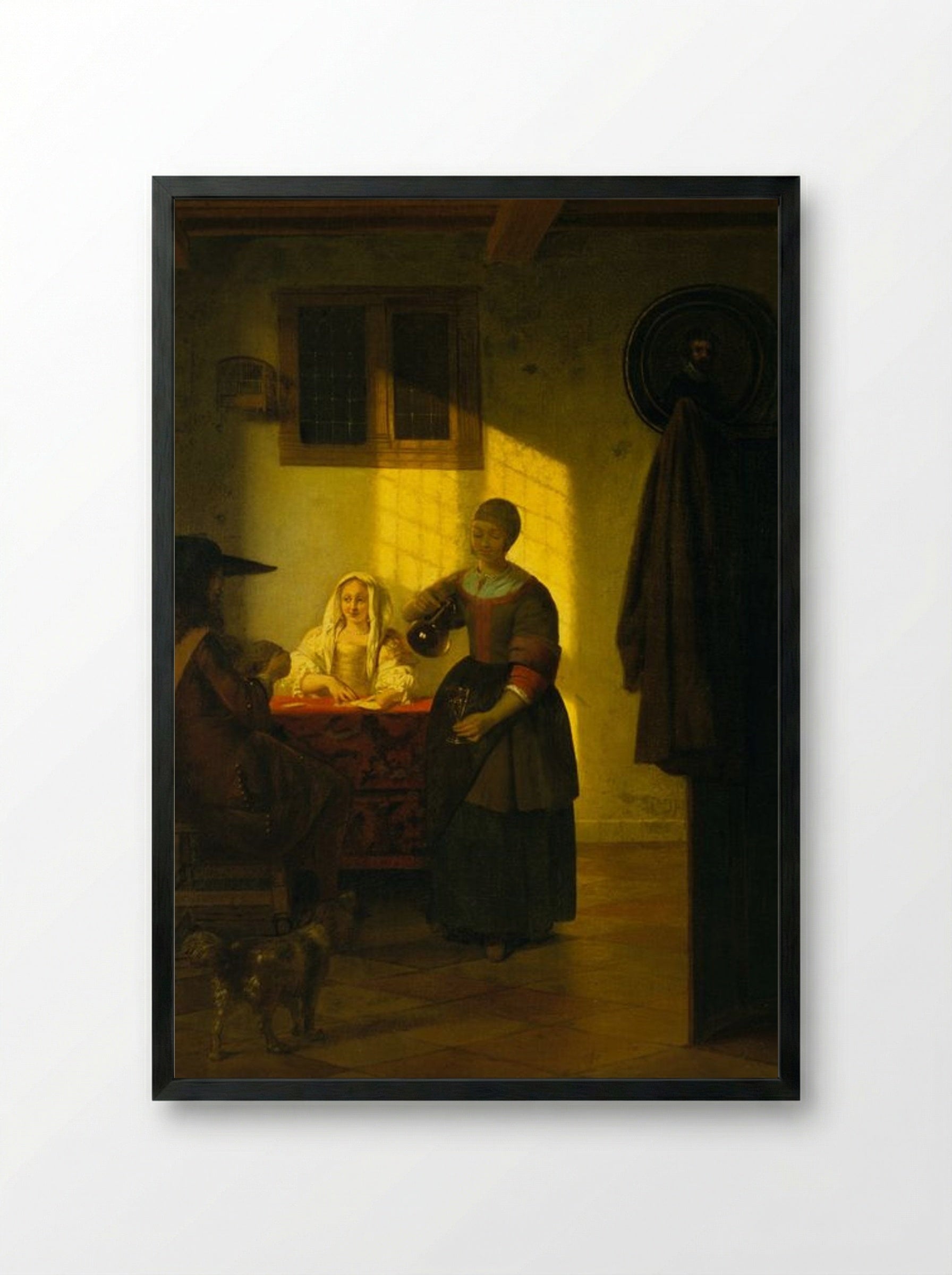 A Couple Playing Cards, with a Serving Woman - Pieter de Hooch - Framed Print Black