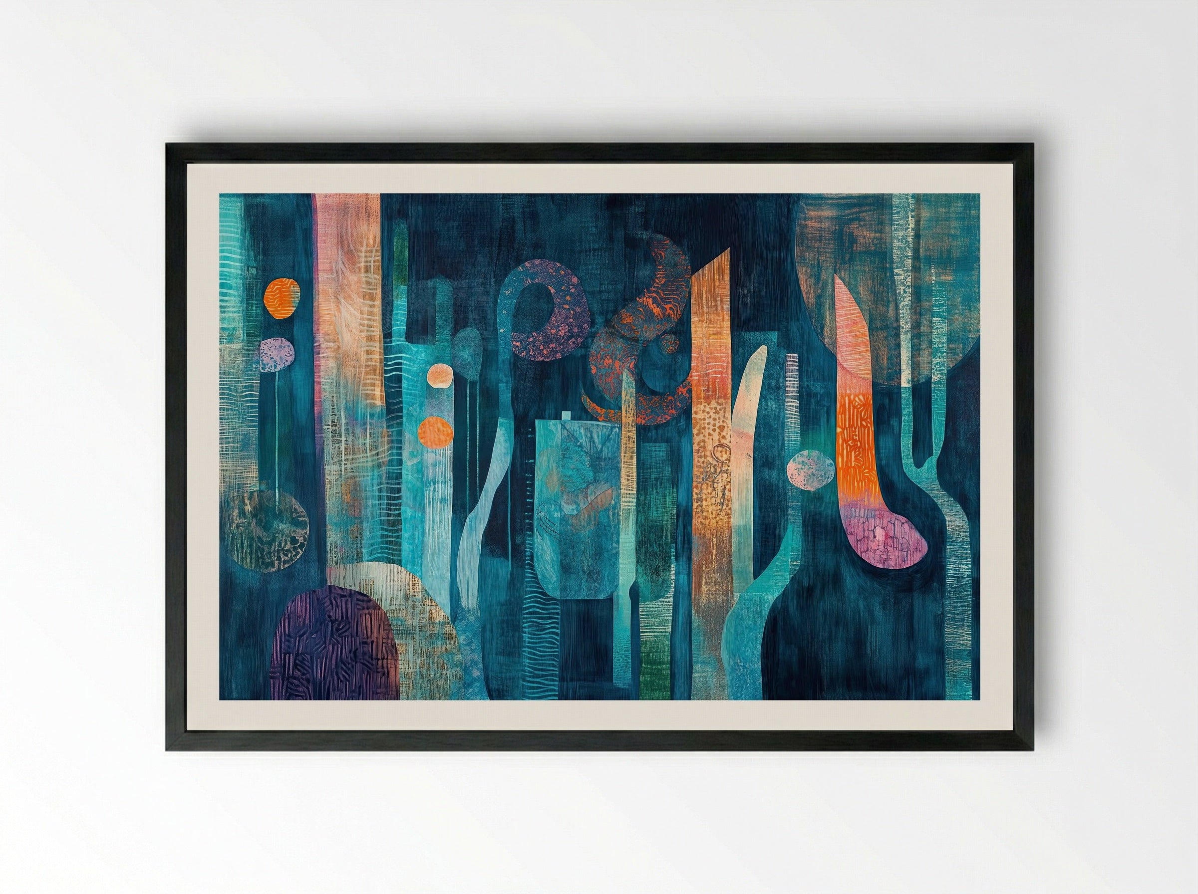 Deep Grove – Abstract Forest in Teal and Tangerine - Framed Print Black