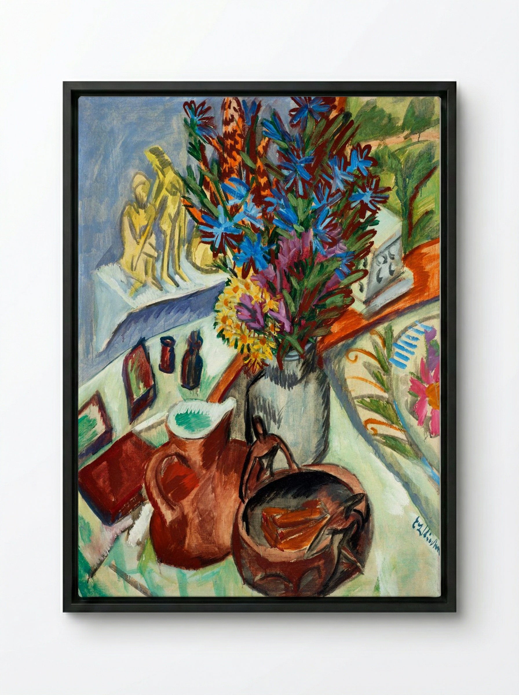Still Life with Jug and African Bowl - Ernst Ludwig Kirchner - Framed Canvas Black