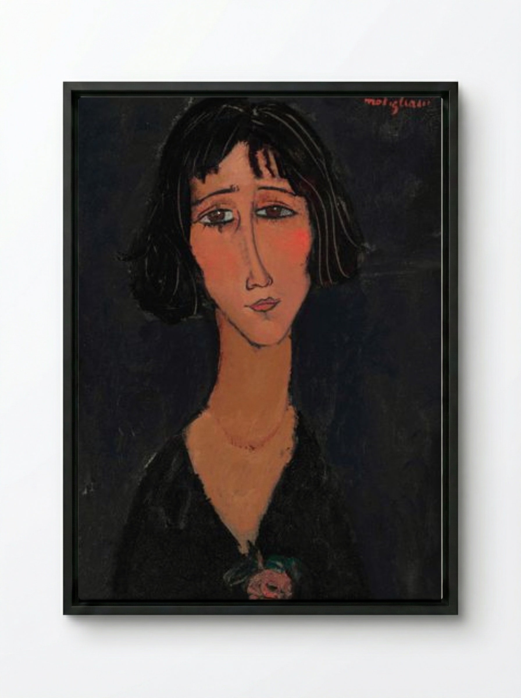 Jeune femme à la rose (Margherita) - Amedeo Modigliani - Framed Canvas Black