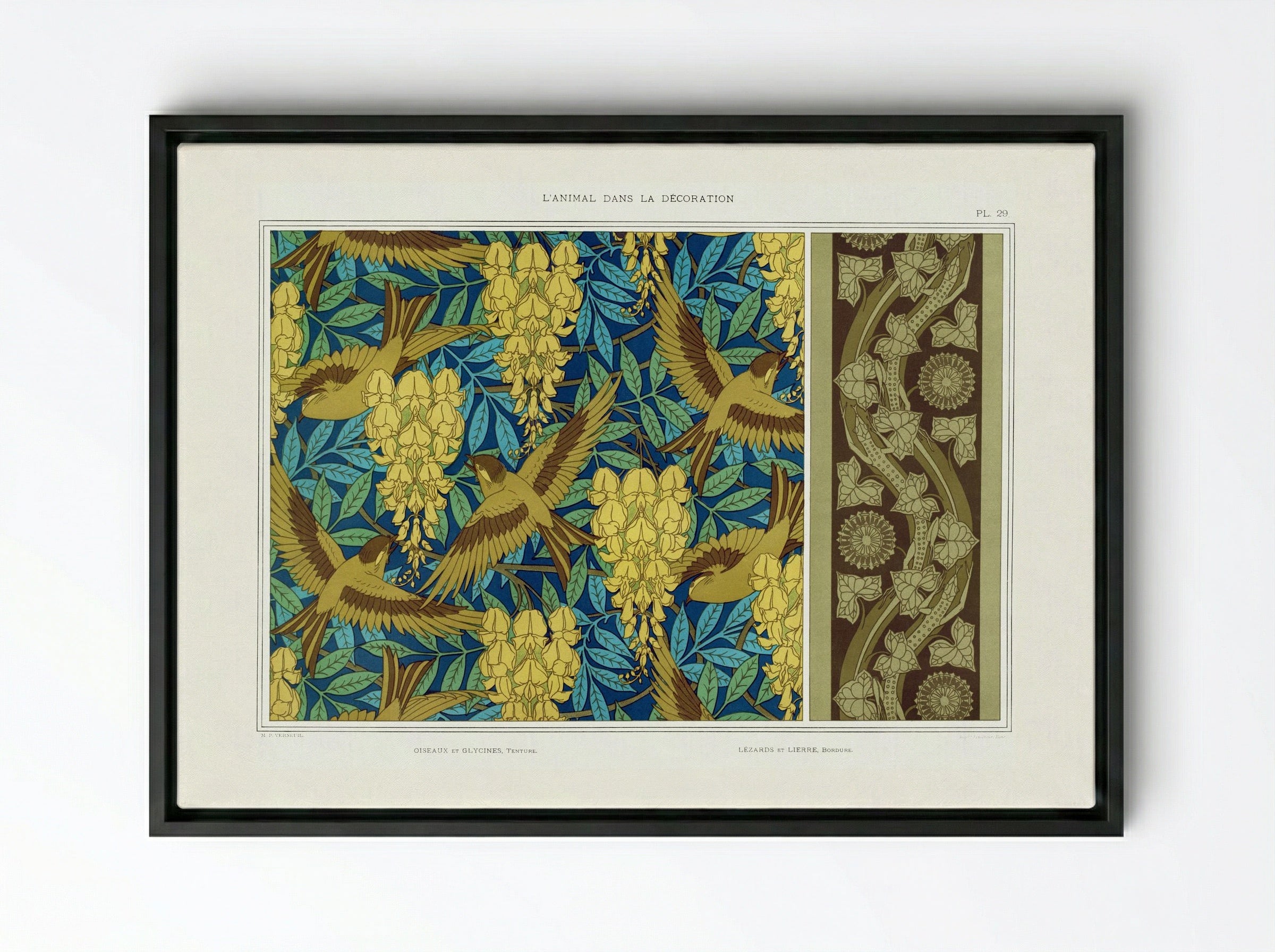 Oiseaux et Glycines, Tenture; Lézards et Lierre, Bordure - Maurice Pillard Verneuil - Framed Canvas Black
