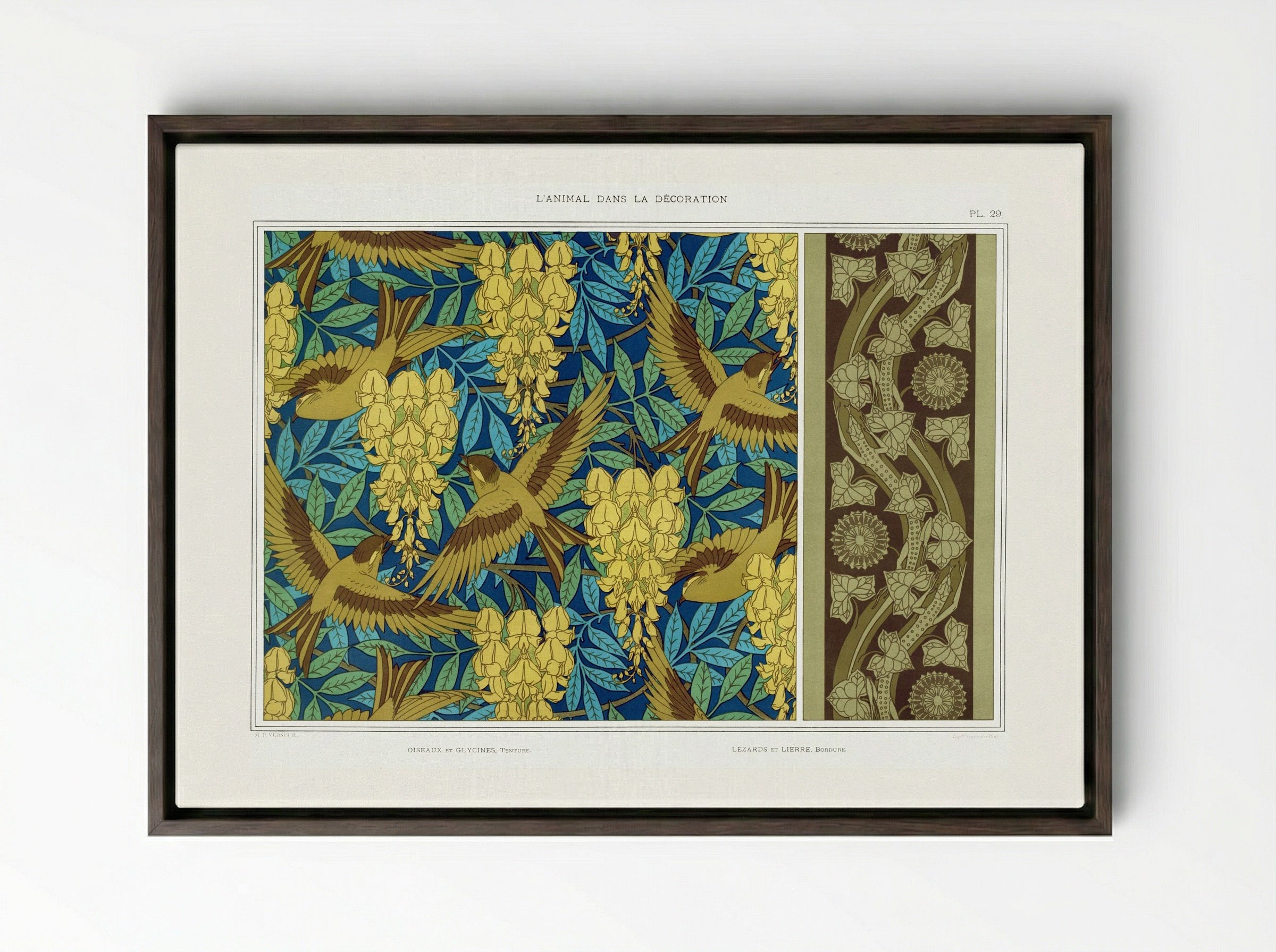 Oiseaux et Glycines, Tenture; Lézards et Lierre, Bordure - Maurice Pillard Verneuil - Framed Canvas Dark Wood