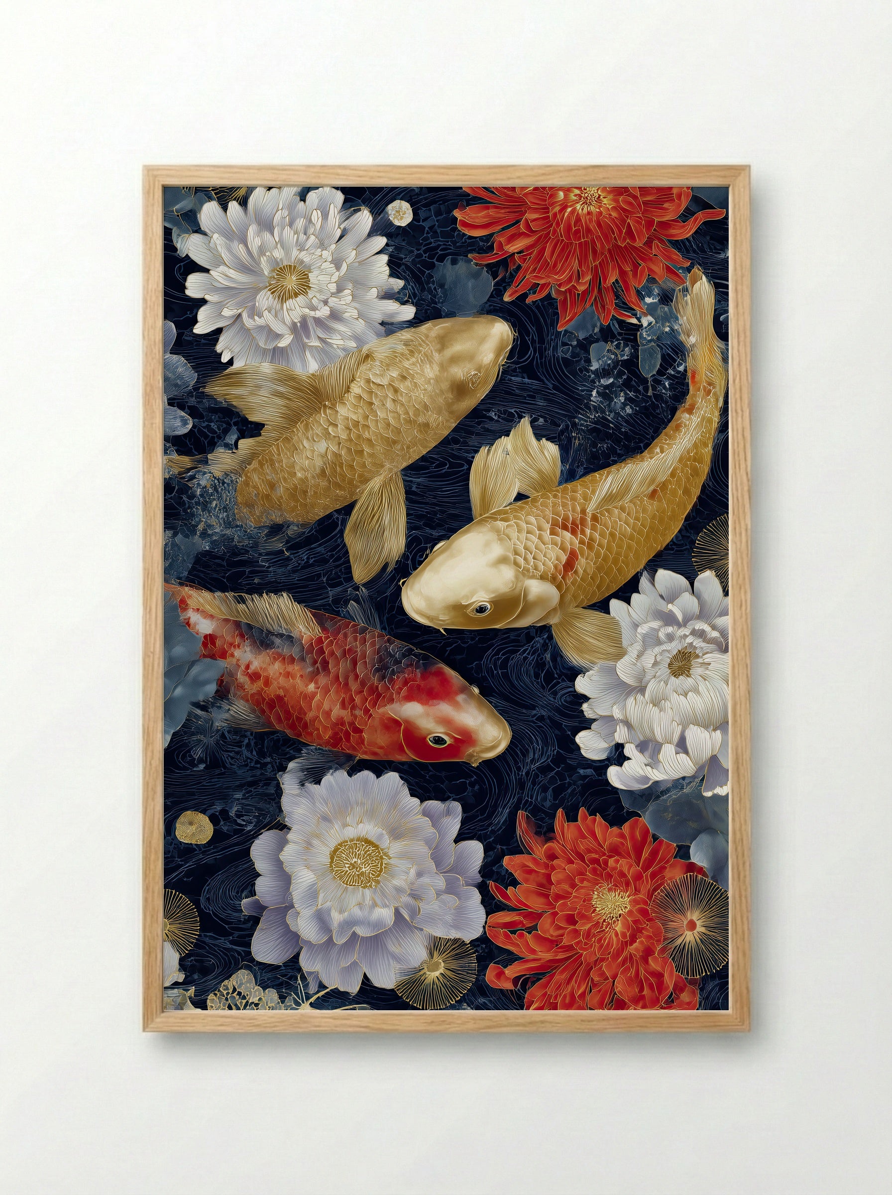 Golden Koi Reverie – Japanese Botanical Art Print - Framed Print Wood