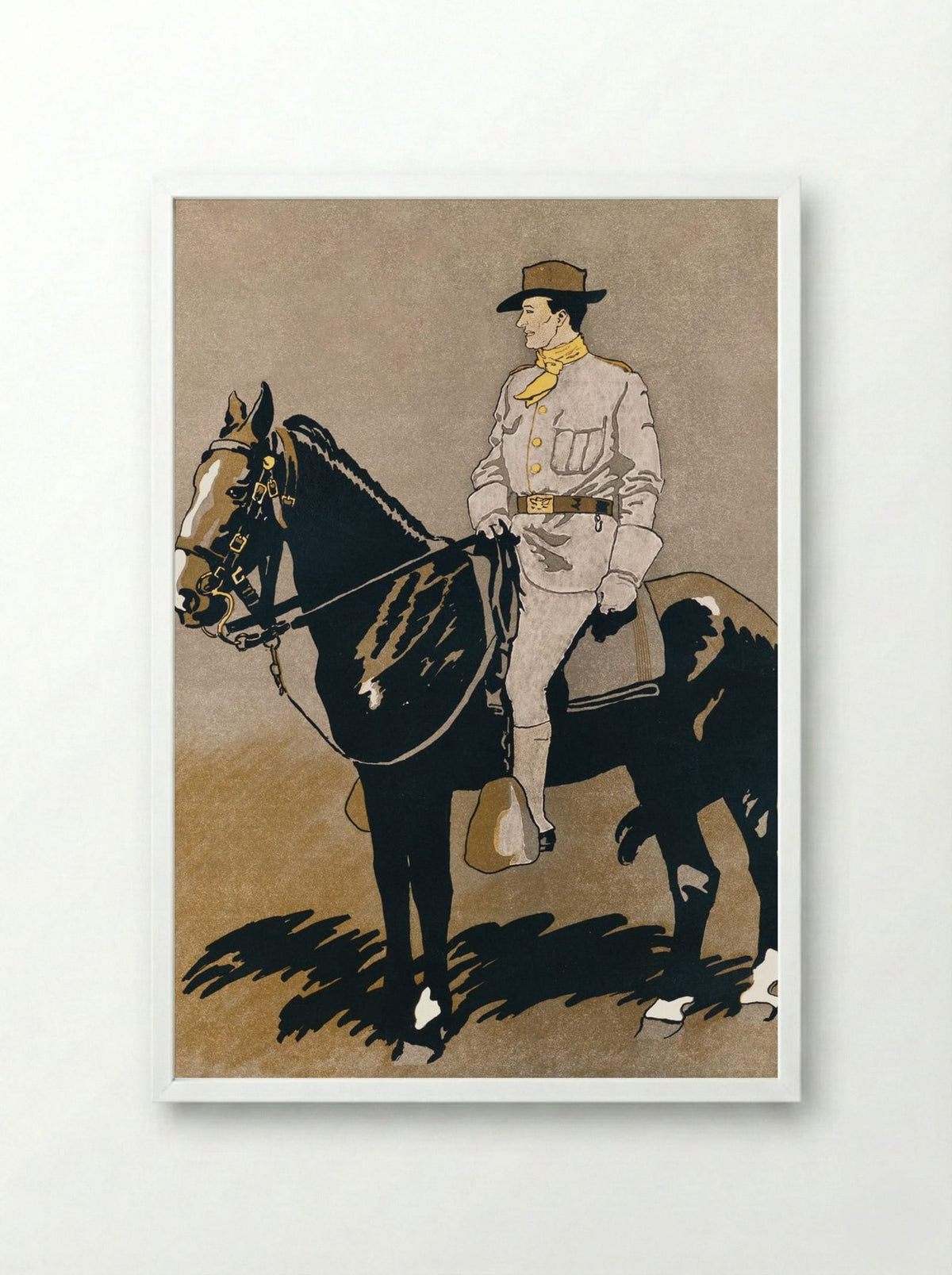 Soldier Riding a Horse - Edward Penfield - Framed Print White