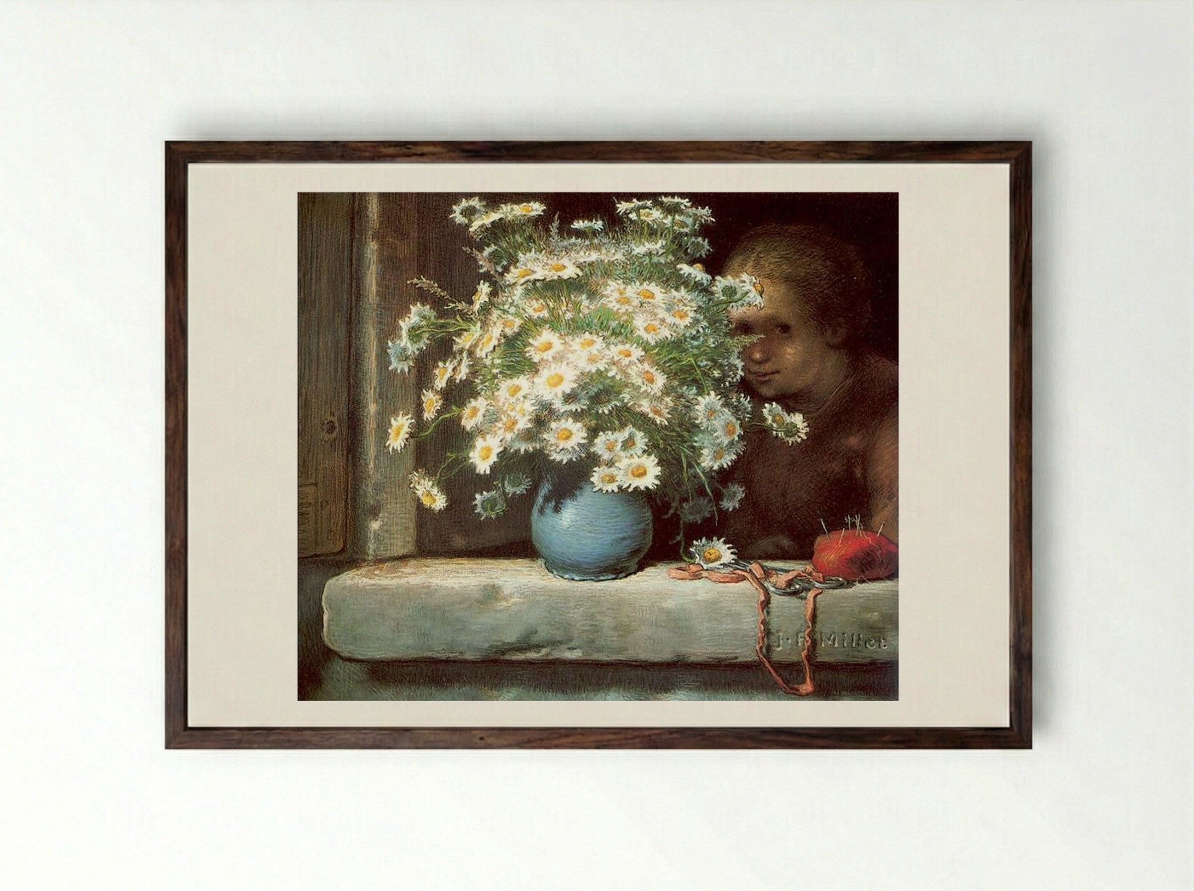The Bouquet of Marguerites - Jean-François Millet - Framed Print Dark Wood