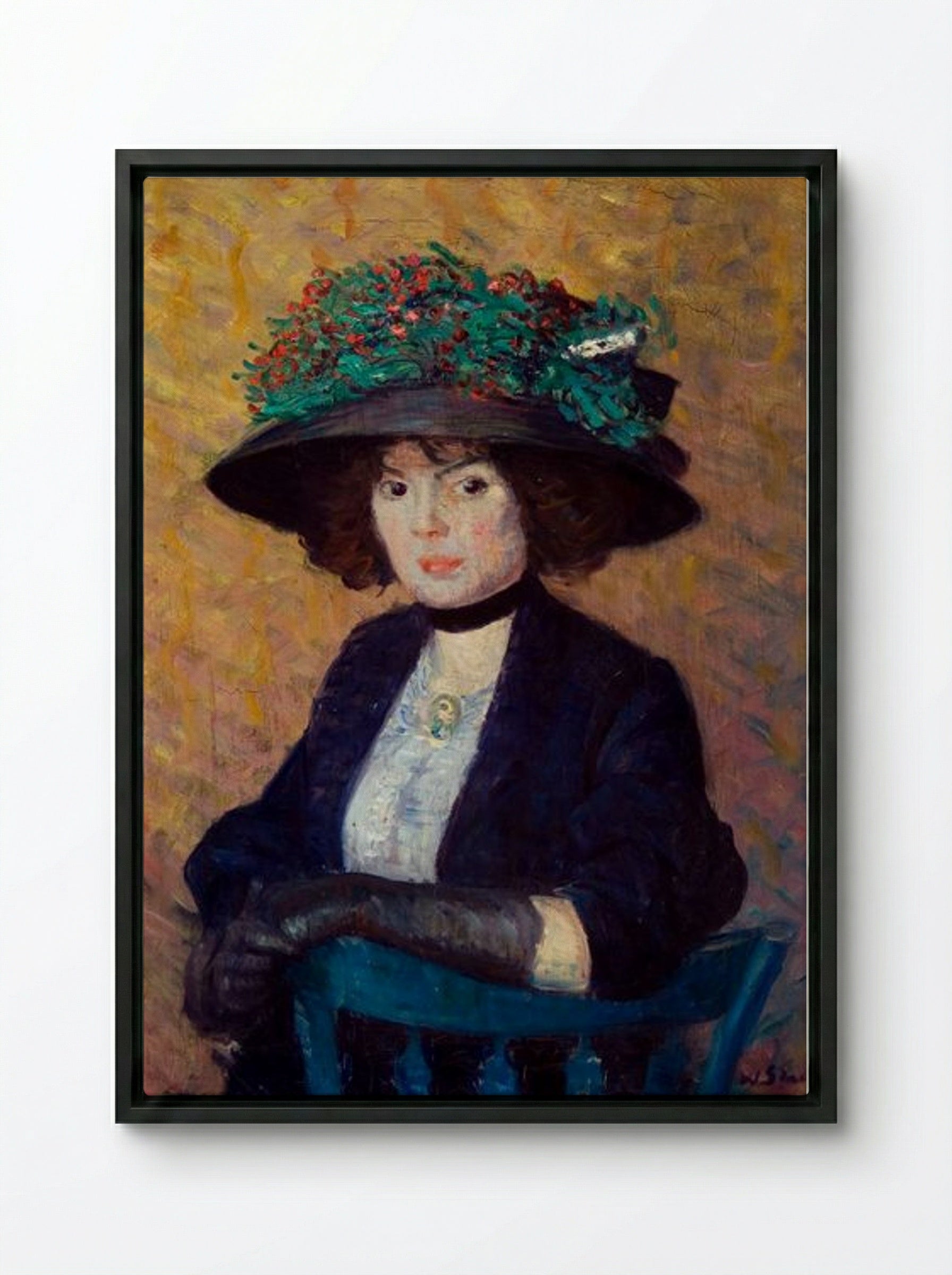 Woman with Green Hat - William James Glackens - Framed Canvas Black