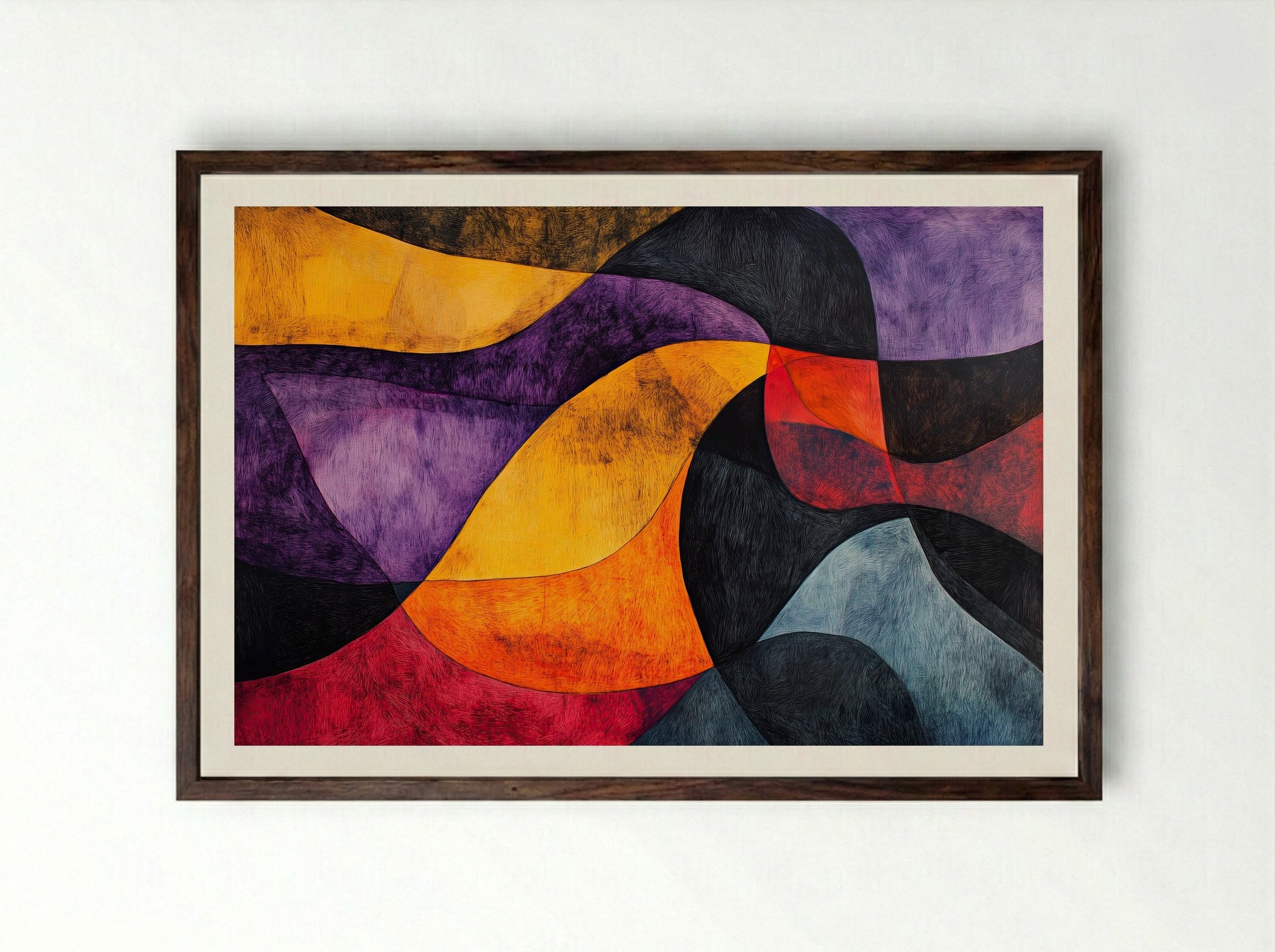 Molten Rhythm – Bold Abstract Waves in Crimson, Violet and Gold - Framed Print Dark Wood
