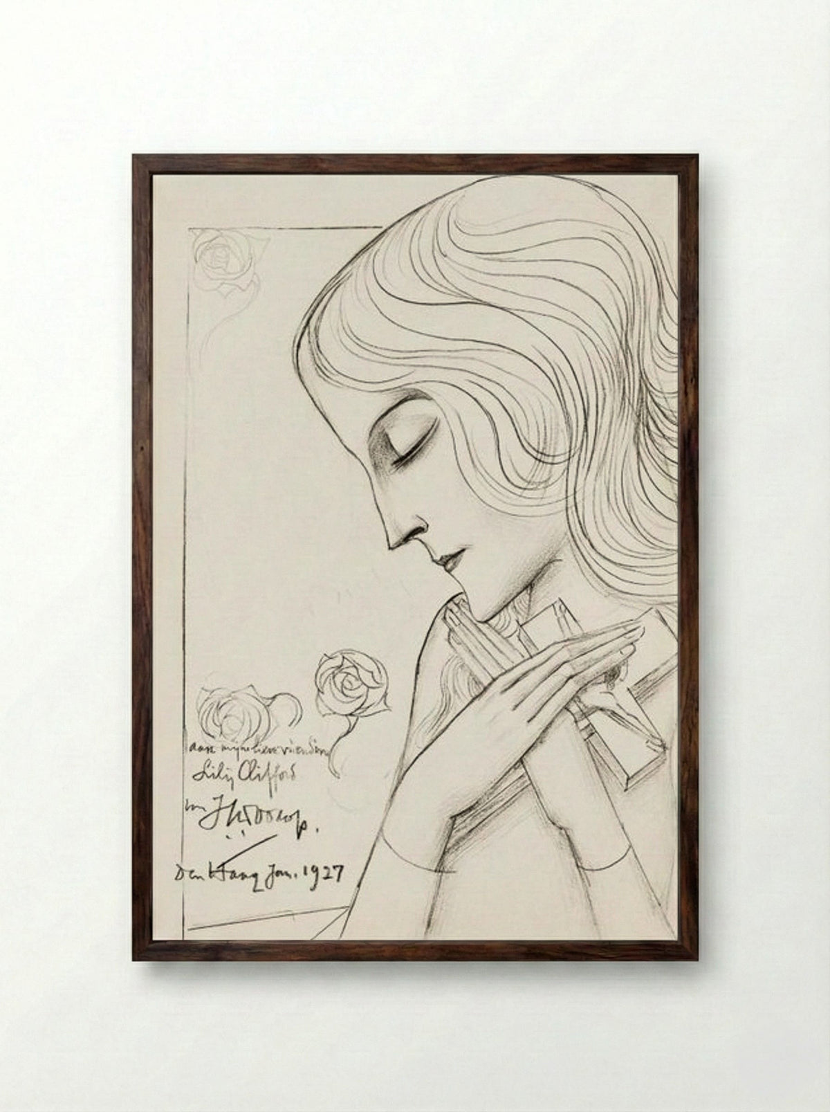 Young Girl Holding a Cross in Meditation - Jan Toorop - Framed Print Dark Wood