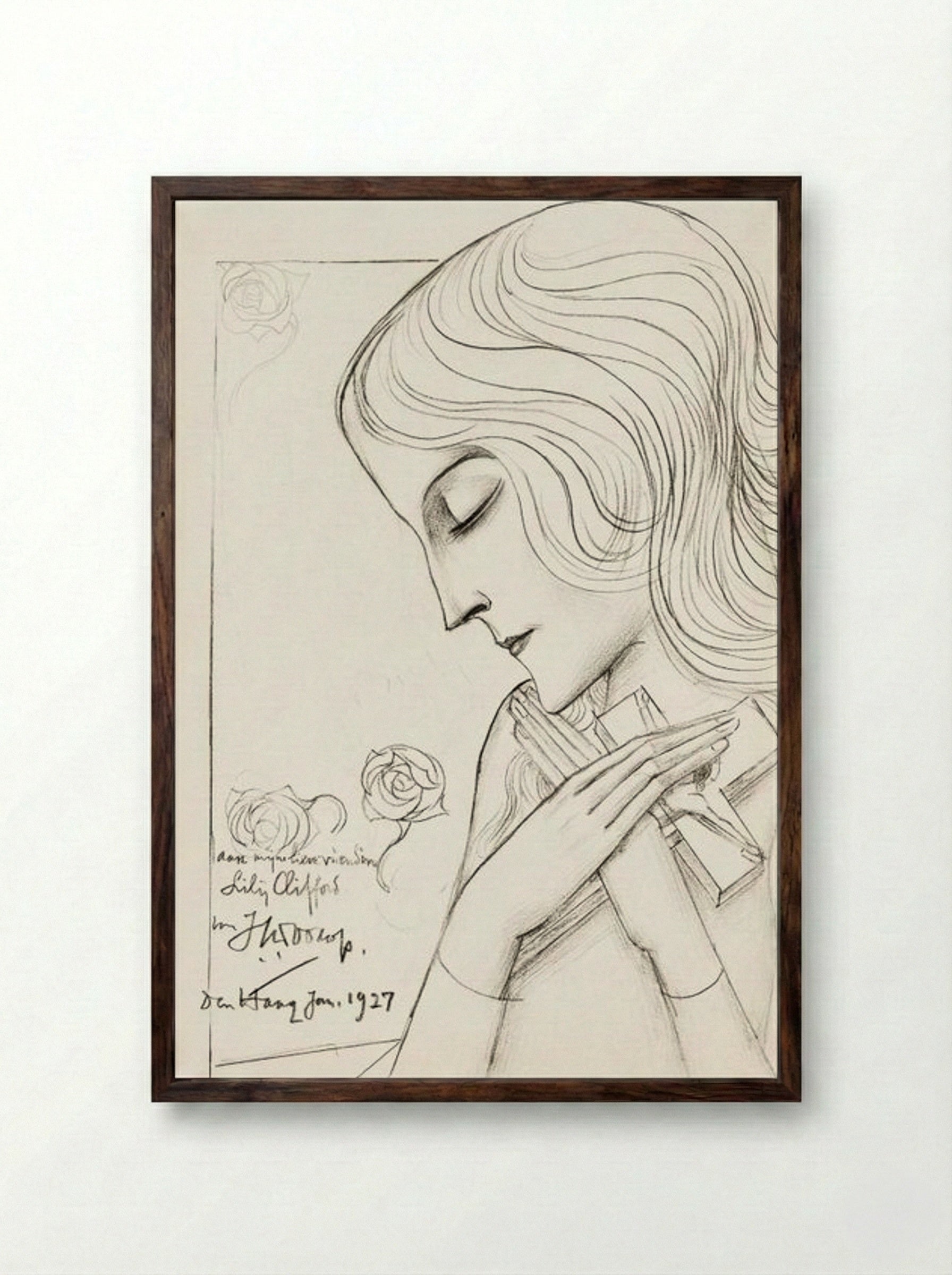 Young Girl Holding a Cross in Meditation - Jan Toorop - Framed Print Dark Wood