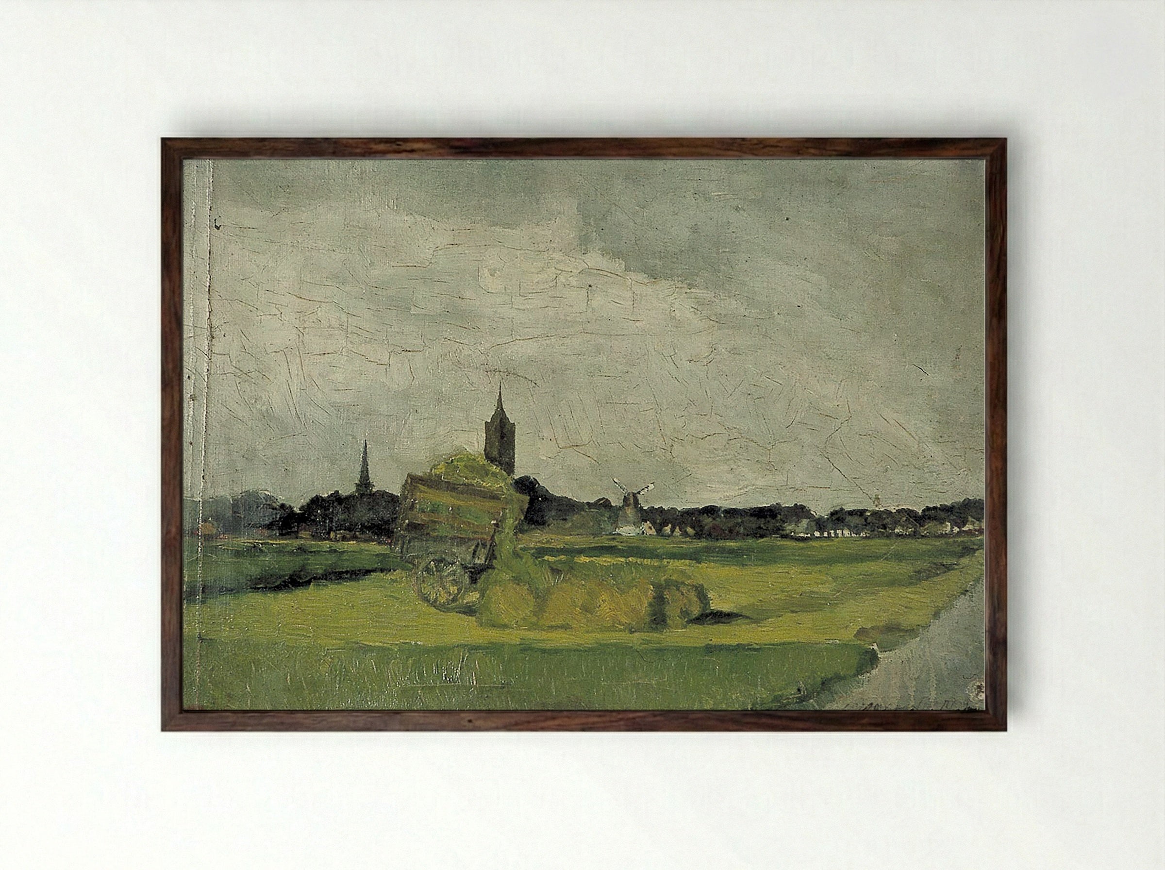 Landscape with Hay Cart, Church Towers and Windmill - Theo van Doesburg - Framed Print Dark Wood