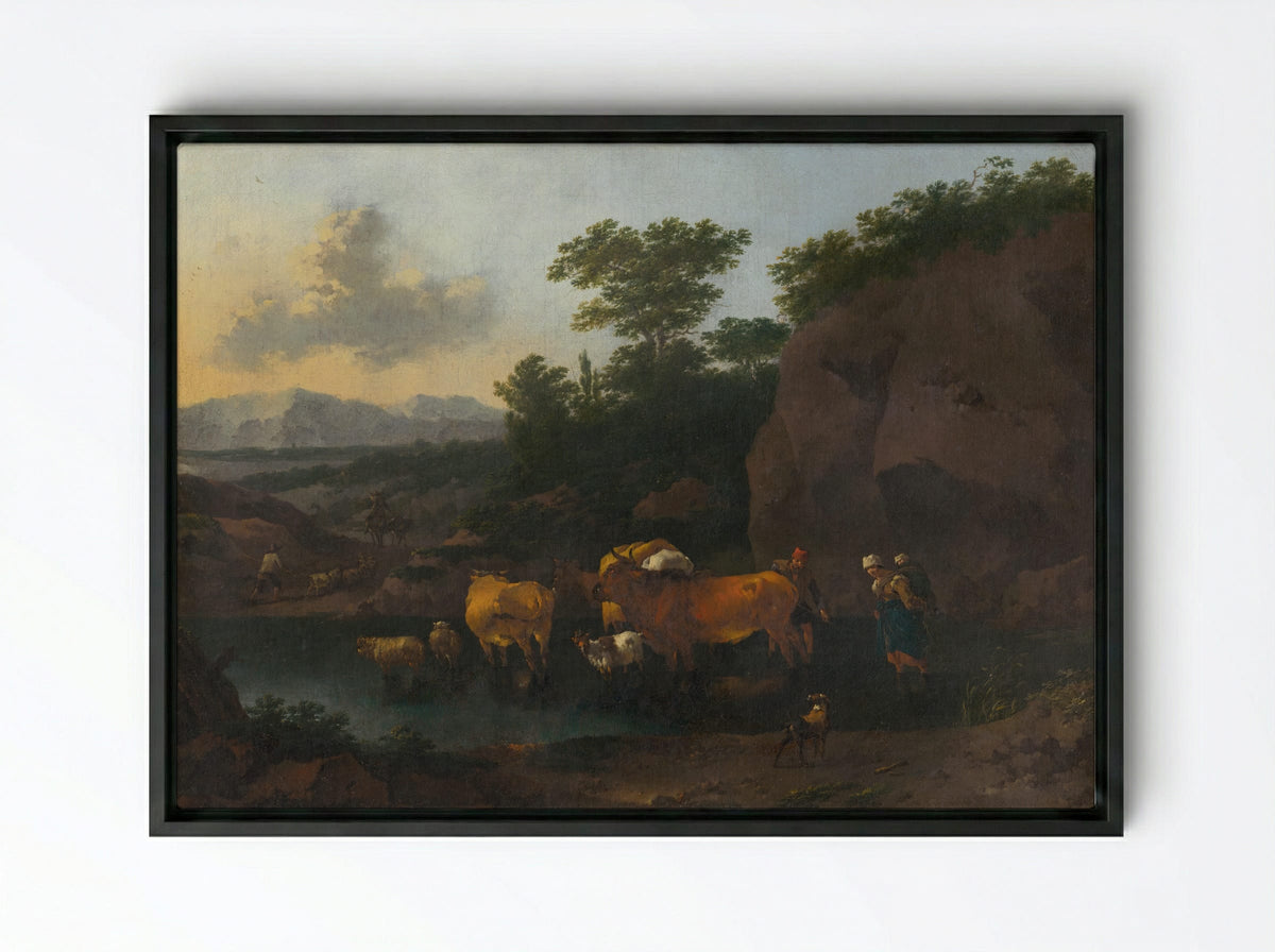 Italianate Landscape with Cattle Ford - Pieter van Bloemen - Framed Canvas Black