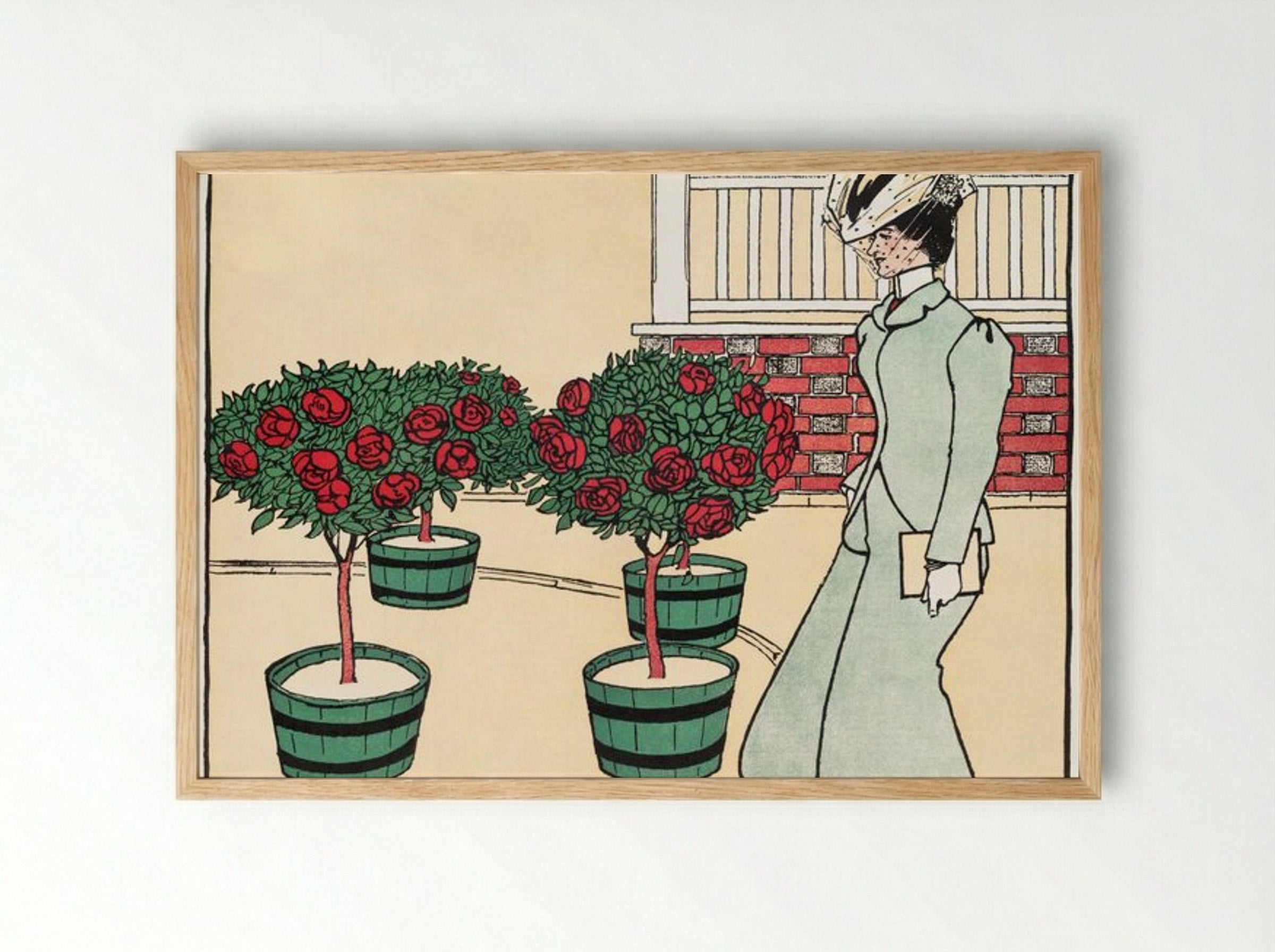 Woman in Rose Garden - Edward Penfield - Framed Print Wood