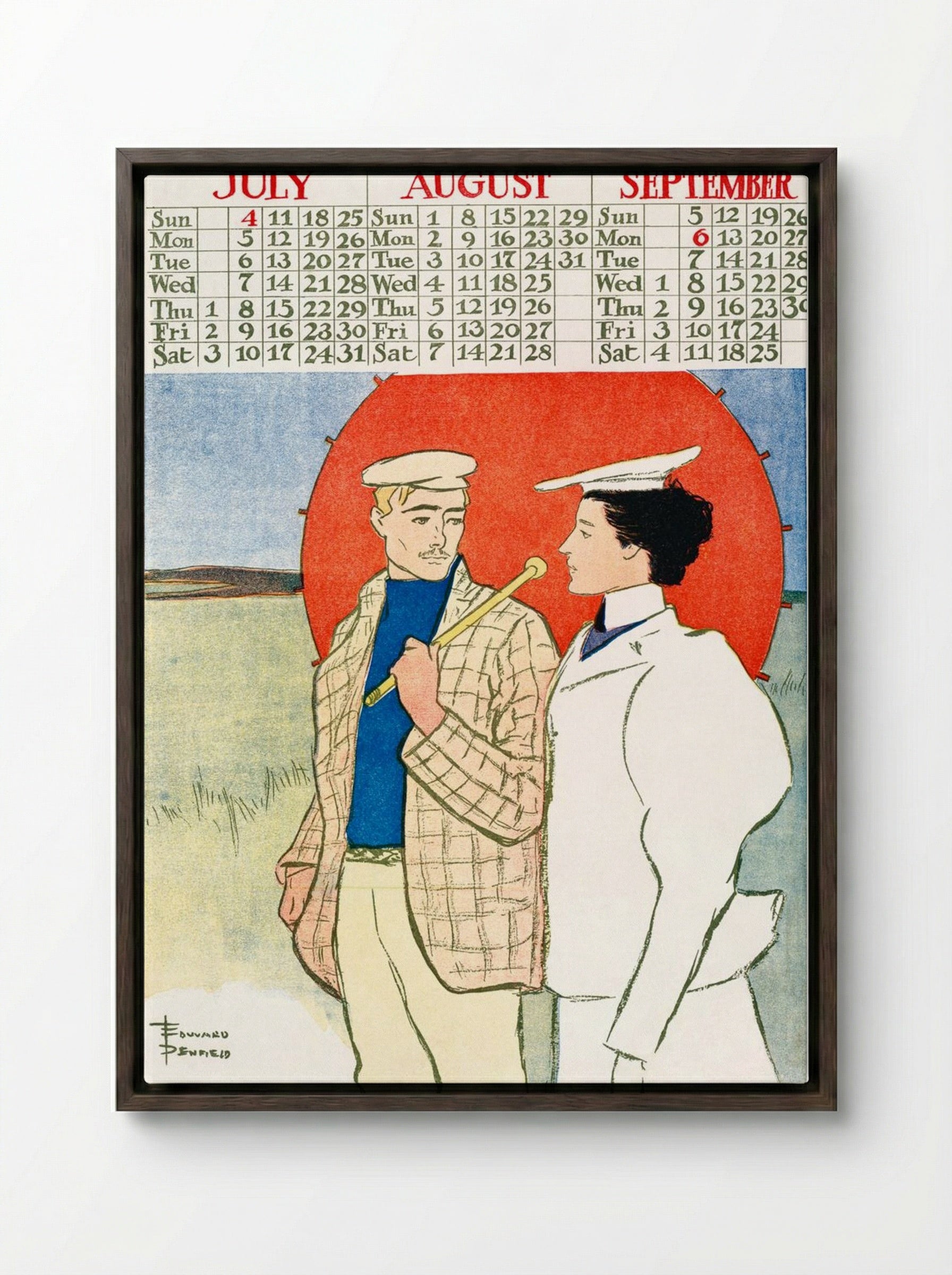 July, August, September - Vintage Calendar - Edward Penfield - Framed Canvas Dark Wood