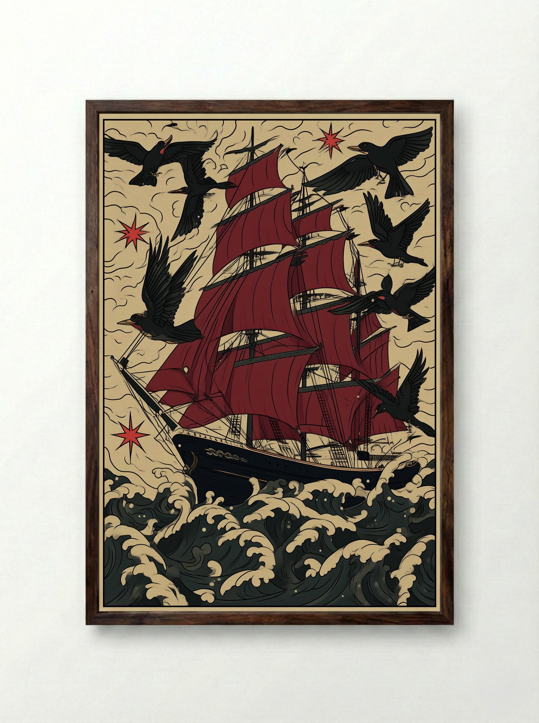 Tall Ship in Stormy Seas - Nautical Tattoo Inspired Print - Framed Print Dark Wood