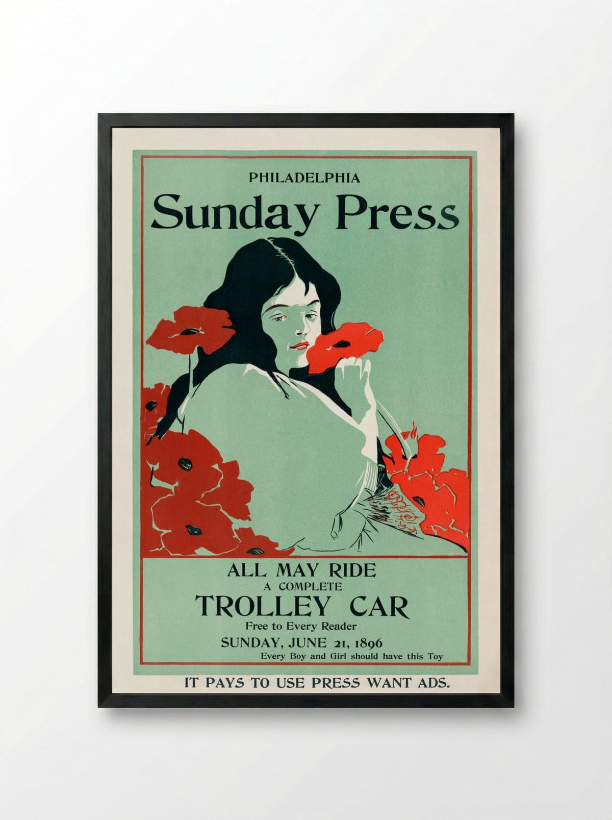 All May Ride: Philadelphia Sunday Press Trolley Car Advertisement - George Reiter Brill - Framed Print Black