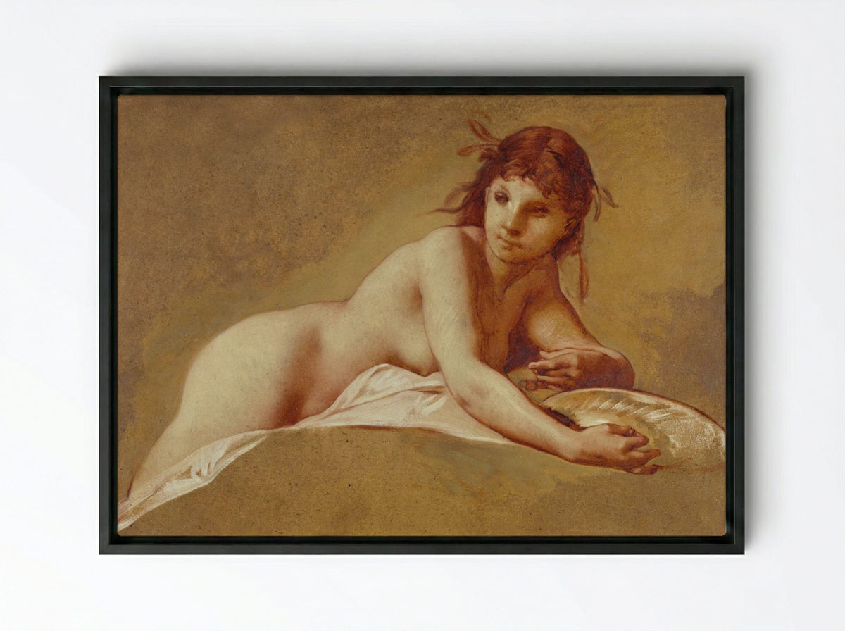 Reclining Nude with Seashell - Pierre-Victor Galland - Framed Canvas Black