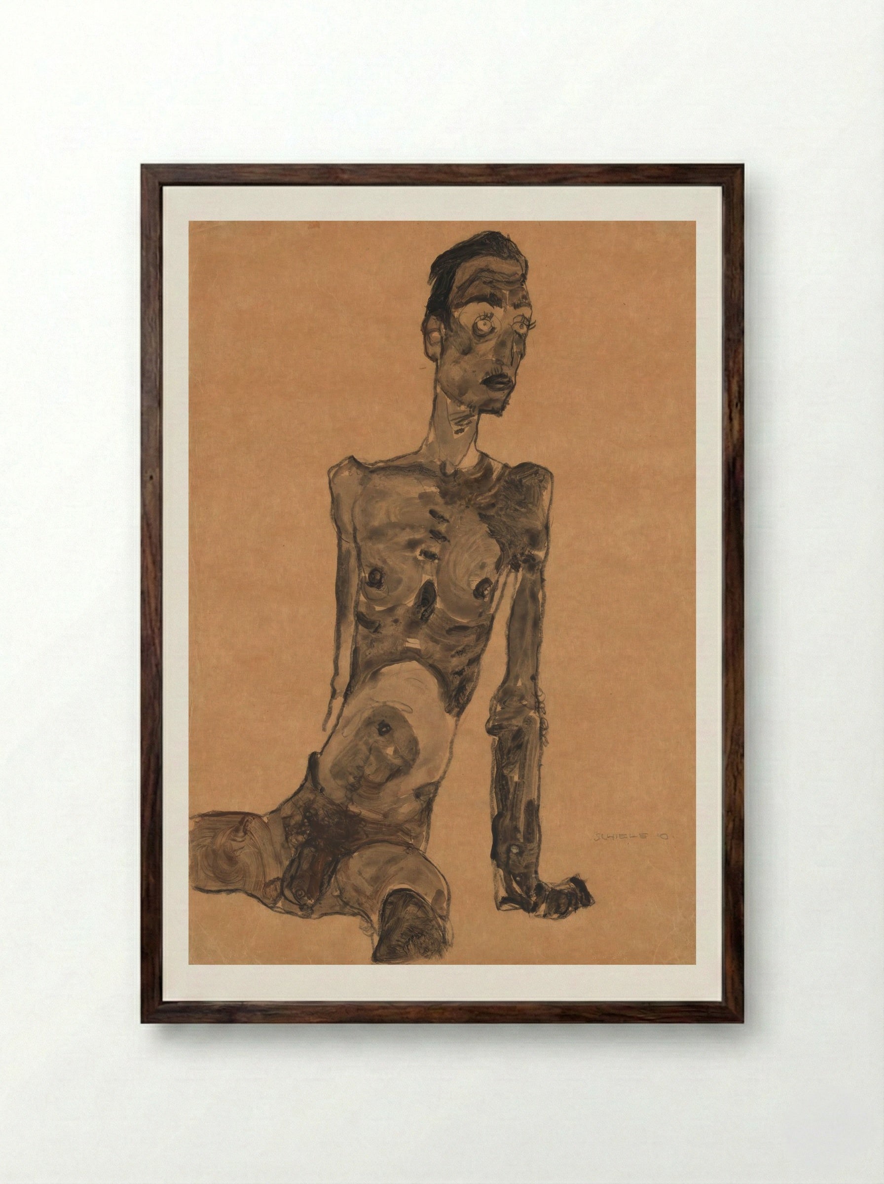 Seated Male Nude - Egon Schiele - Framed Print Dark Wood