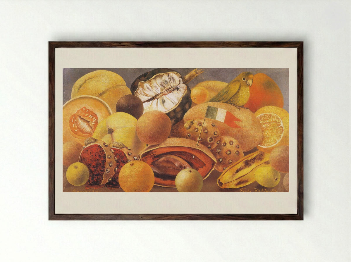 Still Life with Parrot and Flag - Frida Kahlo - Framed Print Dark Wood