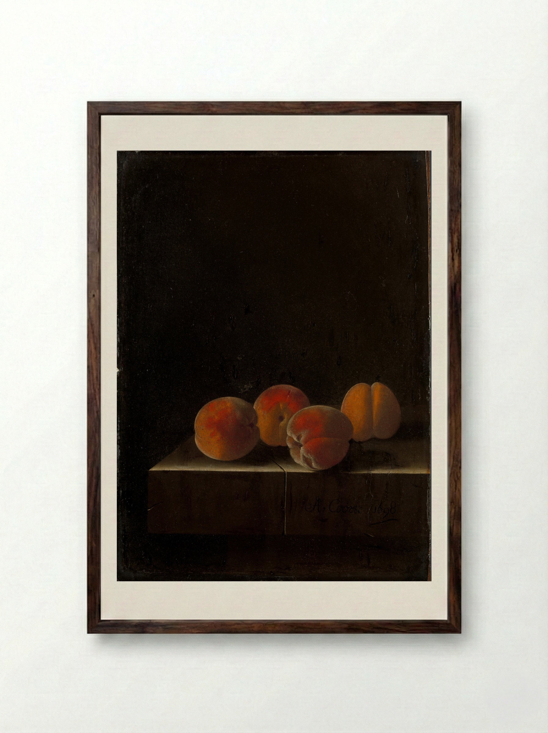 Four Apricots on a Stone Plinth - Adriaen Coorte - Framed Print Dark Wood