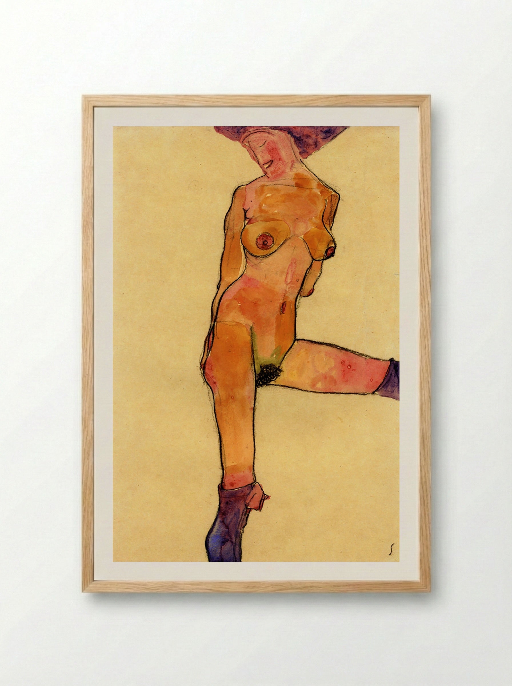 Female Nude with Violet Stockings - Egon Schiele - Framed Print Wood
