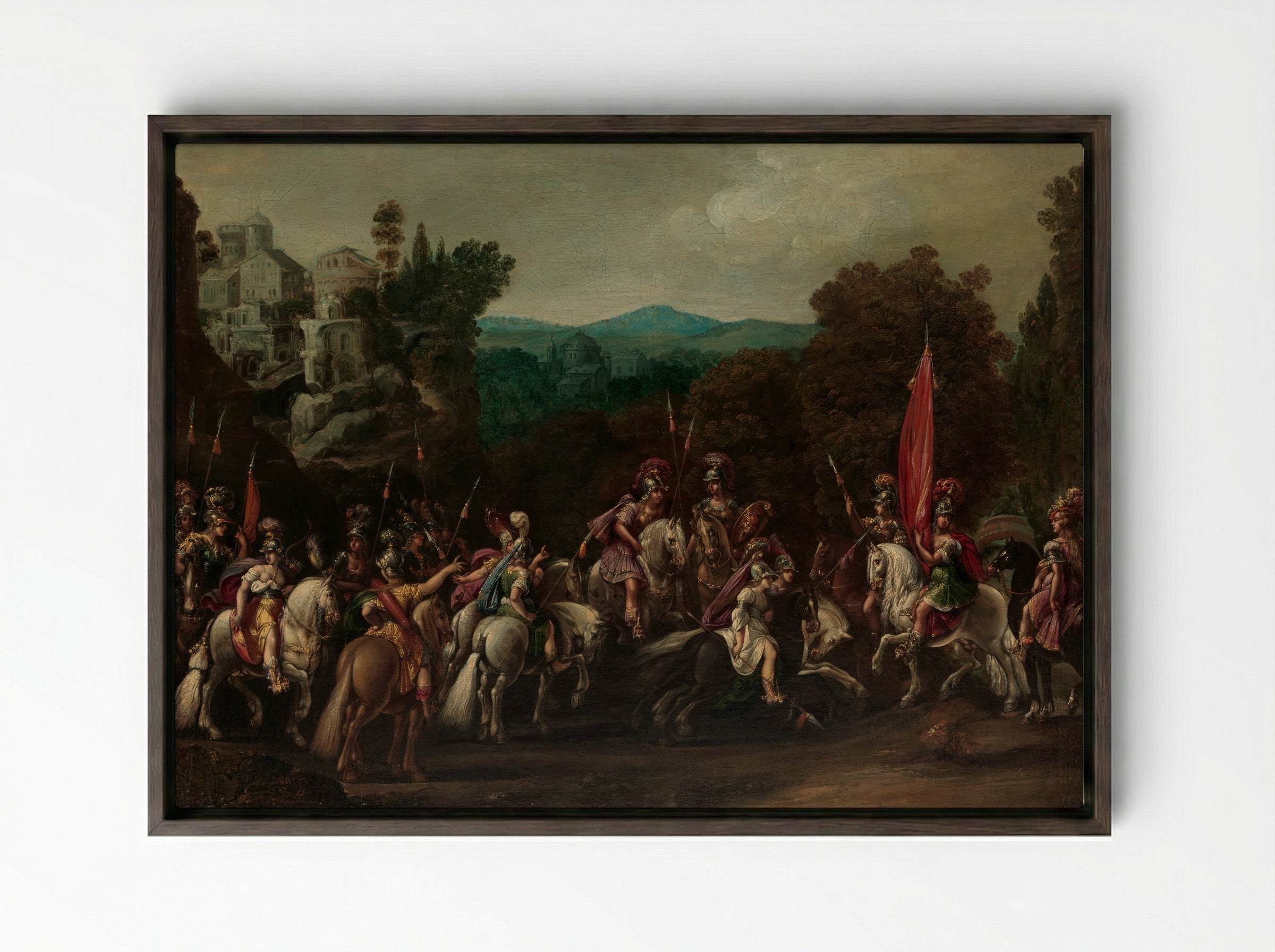 Departure of the Amazons - Johann Heinrich Schönfeld - Framed Canvas Dark Wood