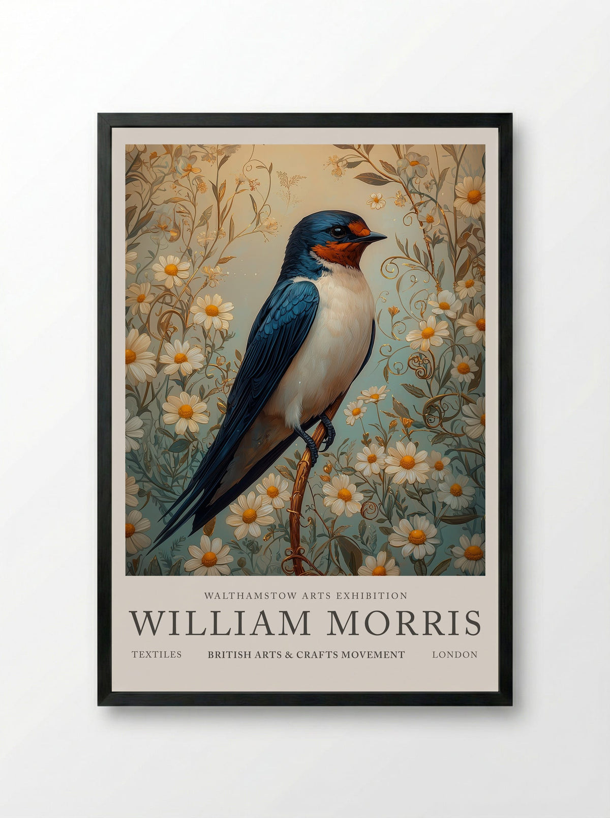 Barn Swallow Symphony - William Morris - Framed Print Black