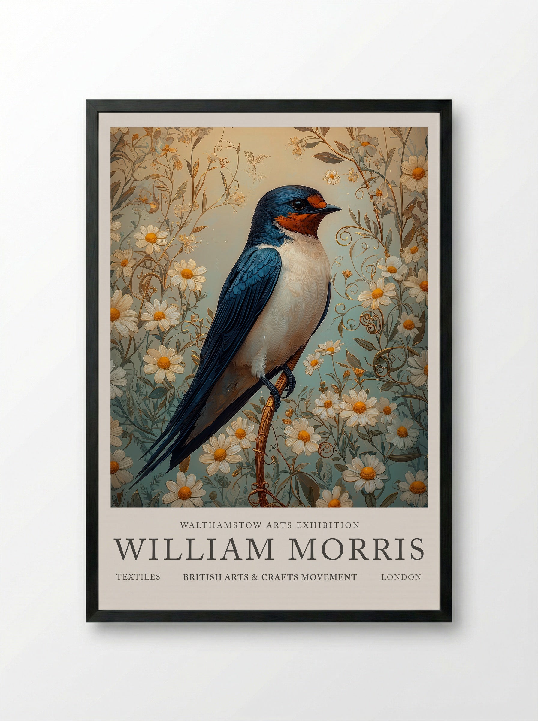 Barn Swallow Symphony - William Morris - Framed Print Black