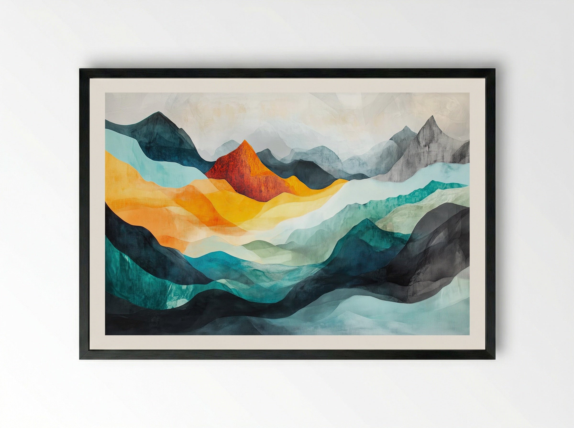 Sunfire Ridge – Abstract Mountain Landscape (Triptych 2 of 3) - Framed Print Black