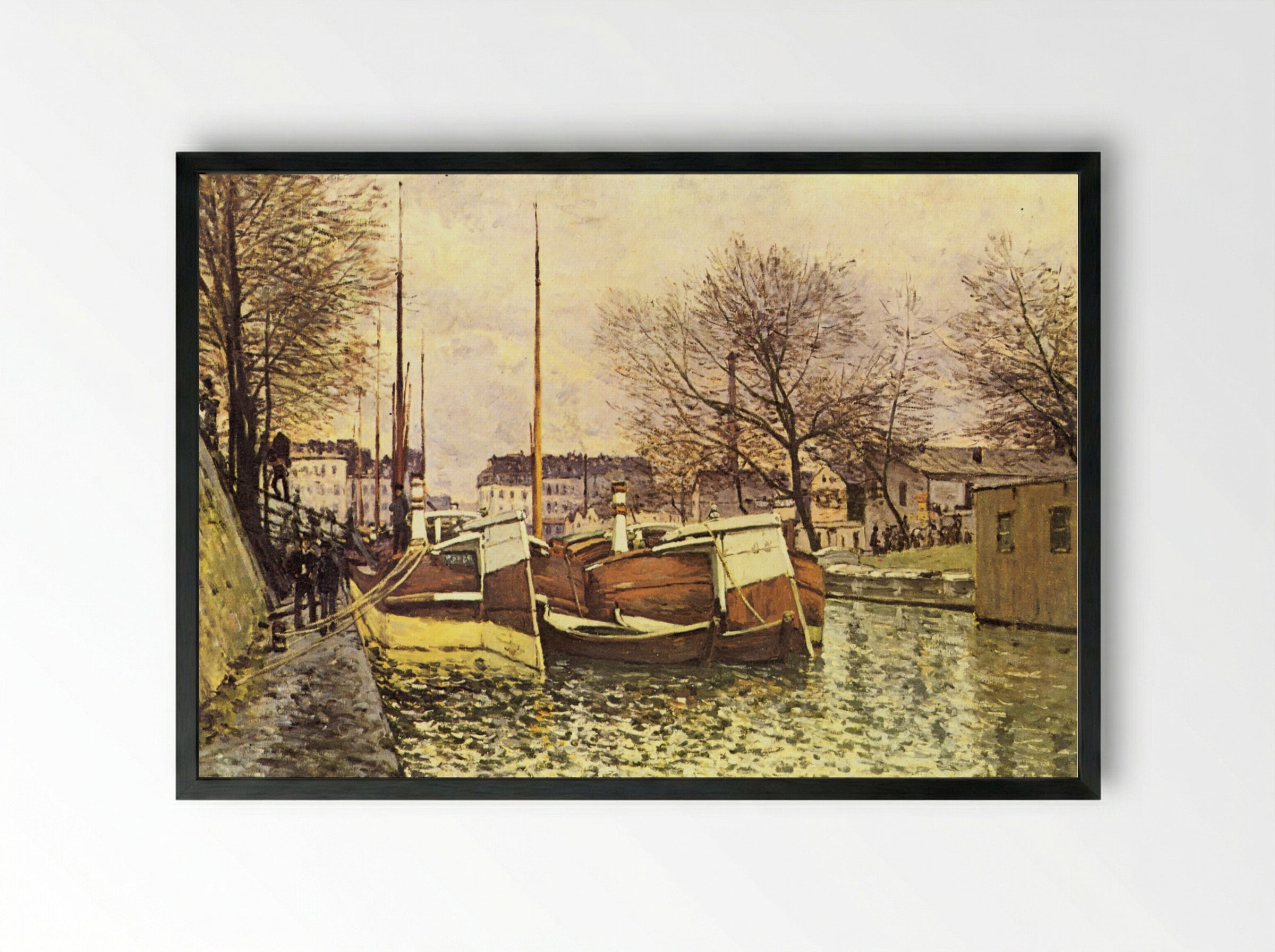 Barges on the Canal Saint-Martin, Paris - Alfred Sisley - Framed Print Black