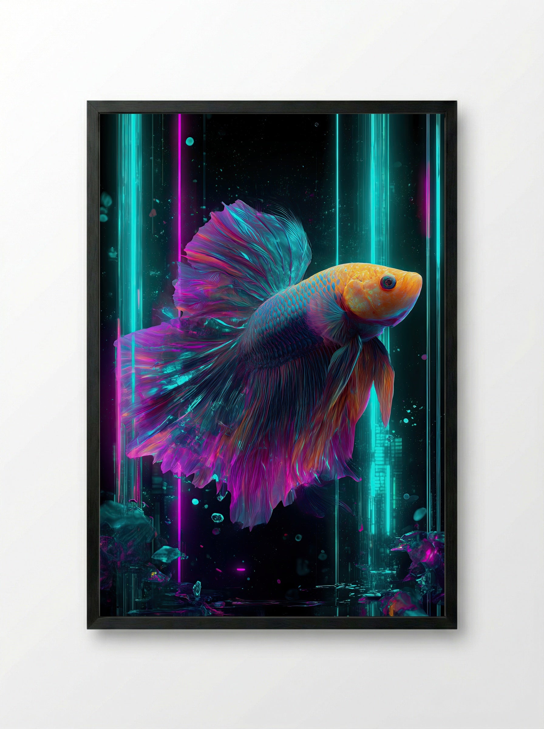 Neon Betta No.1 – Radiant Glowfish in Cyan & Magenta - Framed Print Black