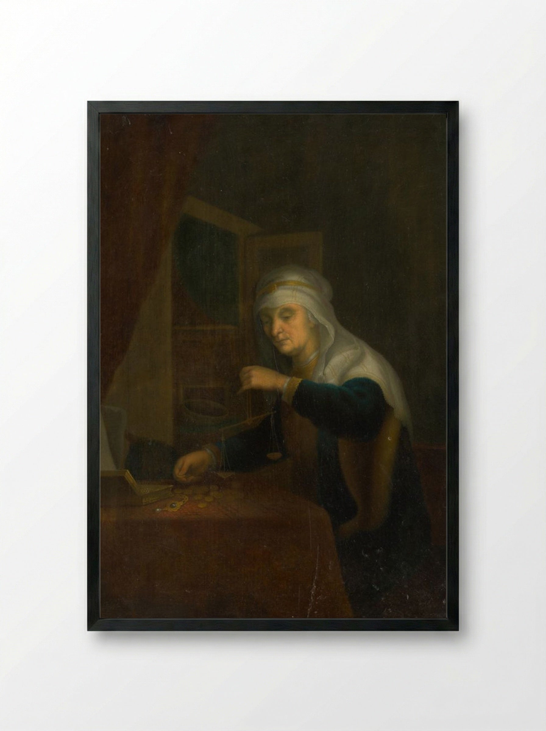 The Weighing of Gold - Pieter de Hooch - Framed Print Black