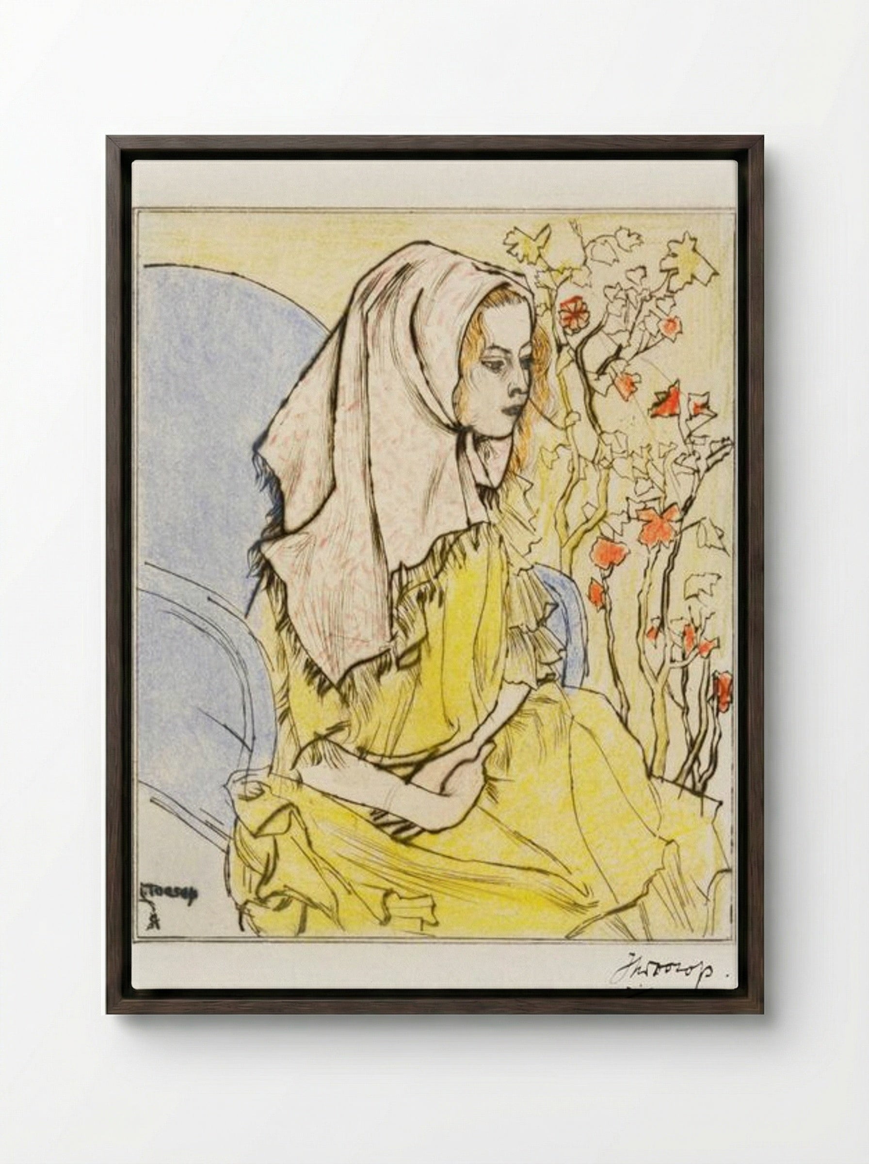Charley Toorop with a Headscarf in an Armchair - Jan Toorop - Framed Canvas Dark Wood