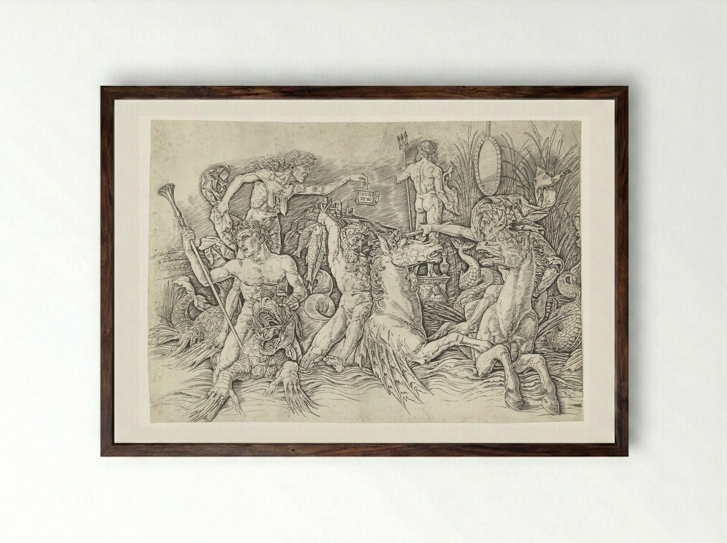 Combat of the Sea Gods - Andrea Mantegna - Framed Print Dark Wood