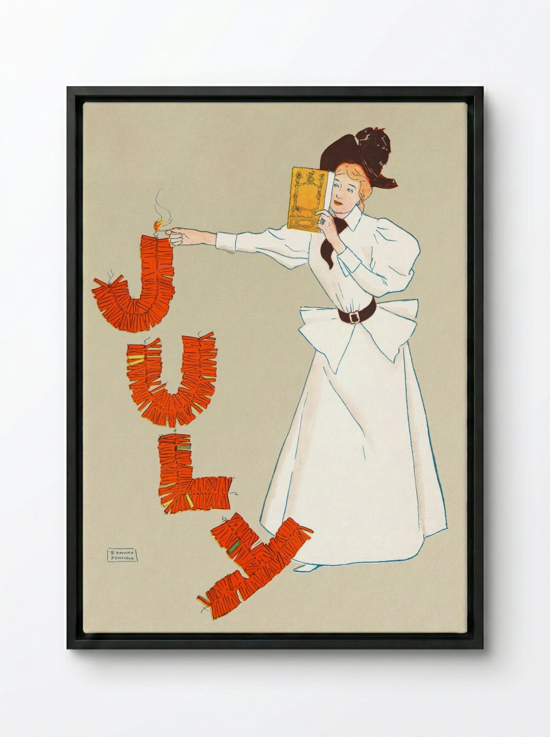Woman Lighting Up Firecrackers - Edward Penfield - Framed Canvas Black
