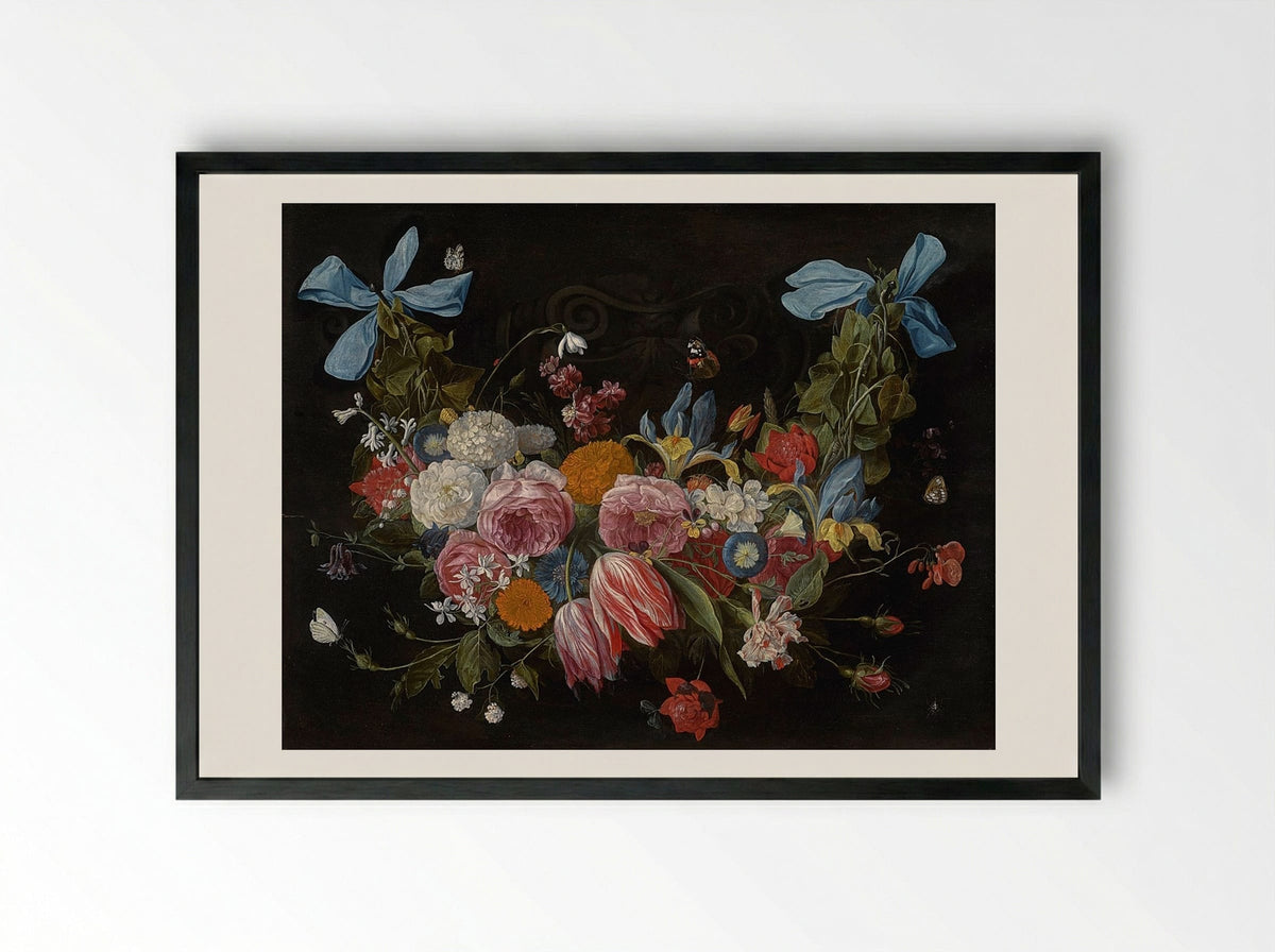 A Swag of Flowers Fixed with Two Blue Ribbons - Jan van Kessel the Elder - Framed Print Black