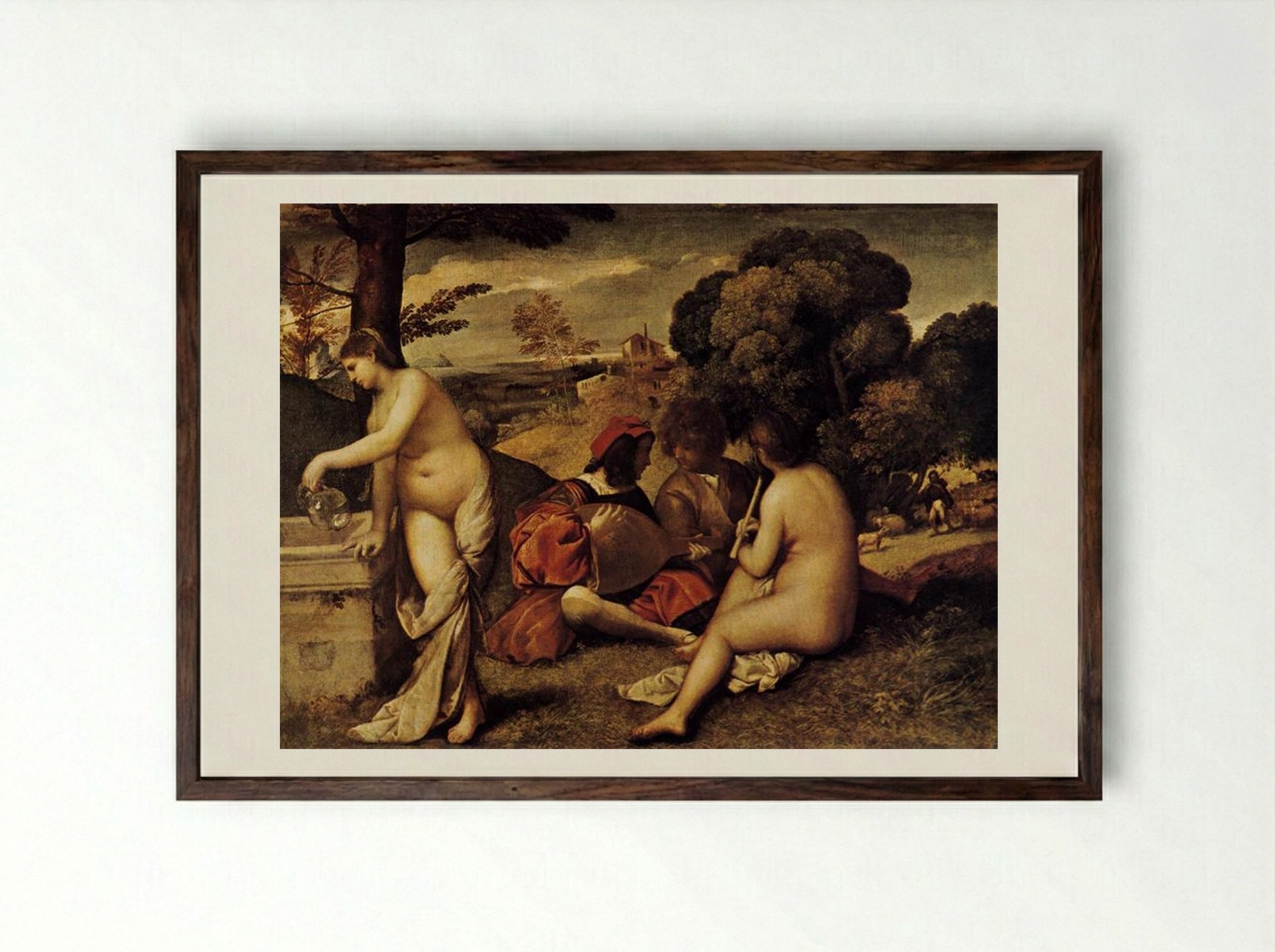 Pastoral Concert (Fête champêtre) - Giorgione - Framed Print Dark Wood