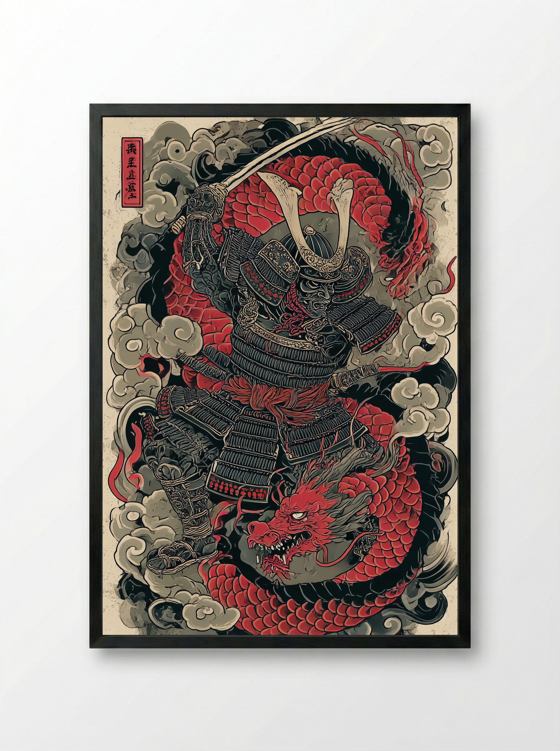 Samurai and Dragon - Japanese Warrior Art Print - Framed Print Black