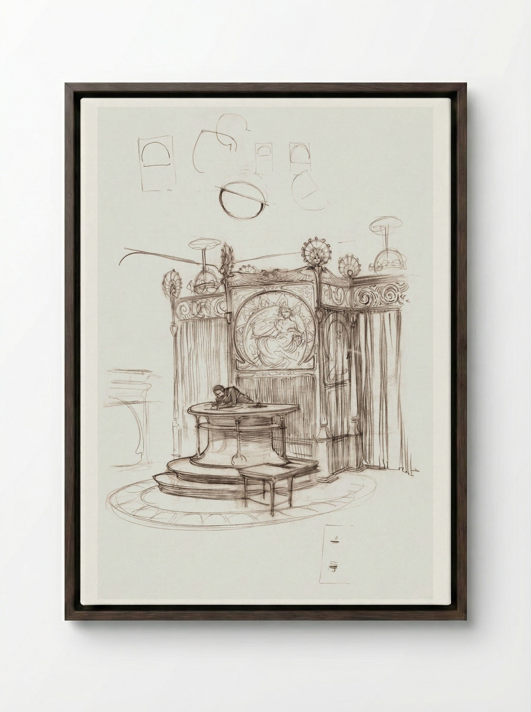 Sketch of an Office Interior - Alphonse Mucha - Framed Canvas Dark Wood