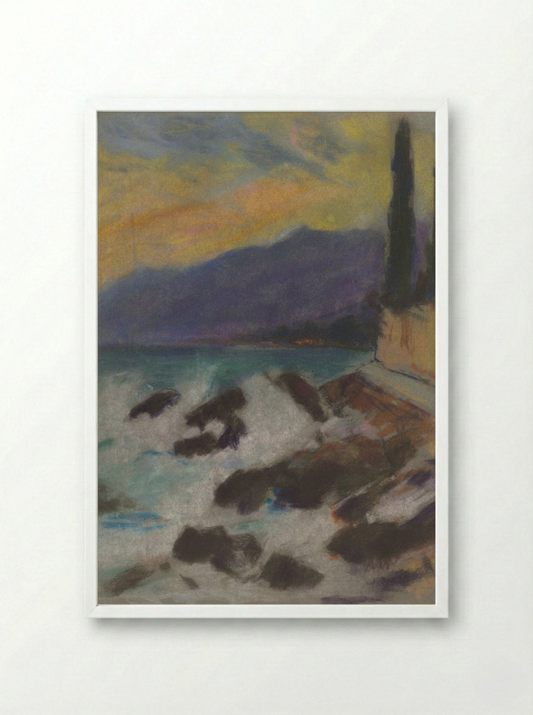 Rocky Seashore with Cypresses - Zolo Palugyay - Framed Print White