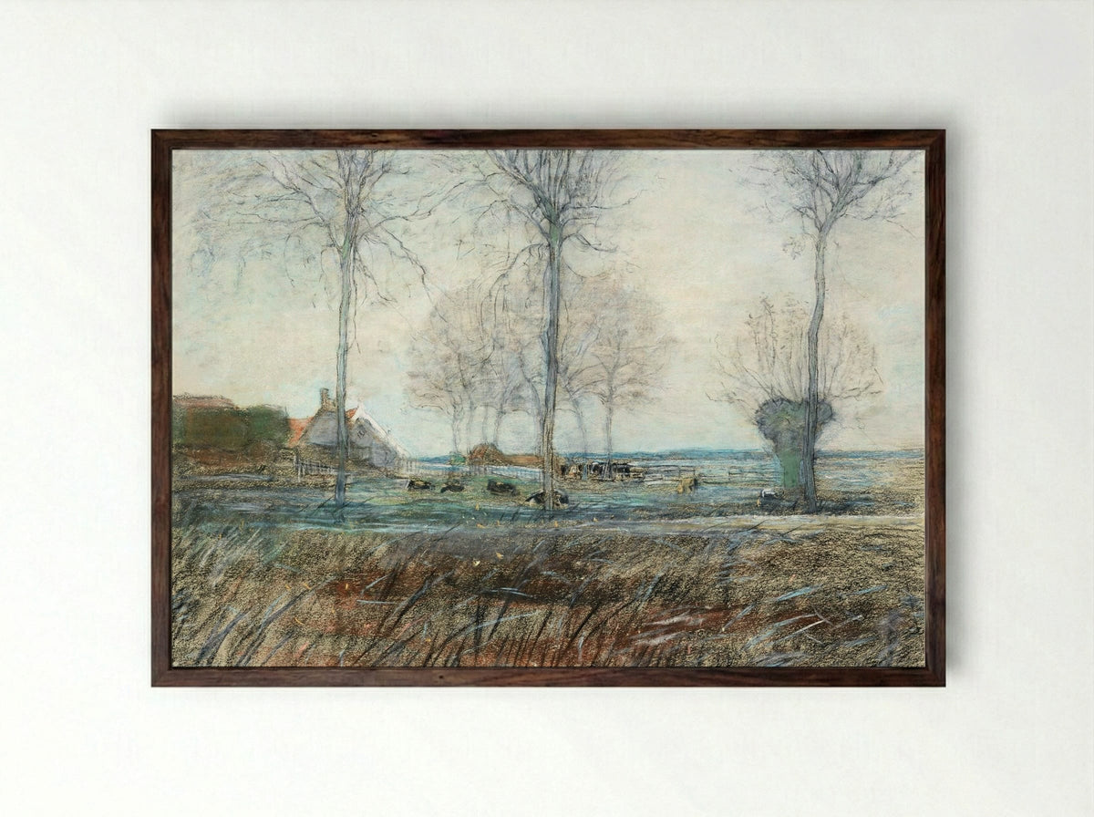 Farm Setting, Three Tall Trees in the Foreground - Piet Mondrian - Framed Print Dark Wood