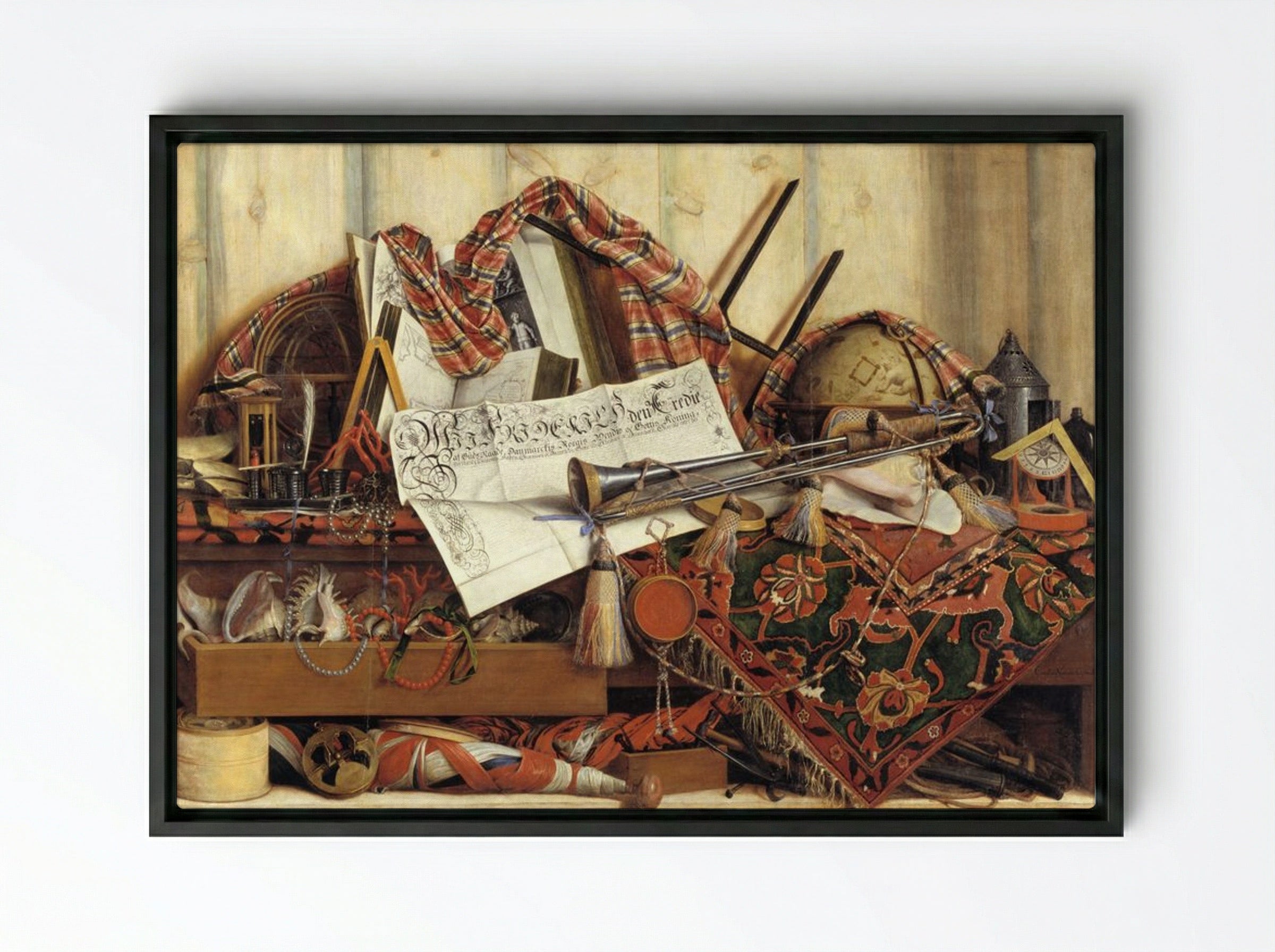 Trompe l'oeil with trumpet, celestial globe and Frederik III's proclamation - Cornelis Norbertus Gysbrechts - Framed Canvas Black