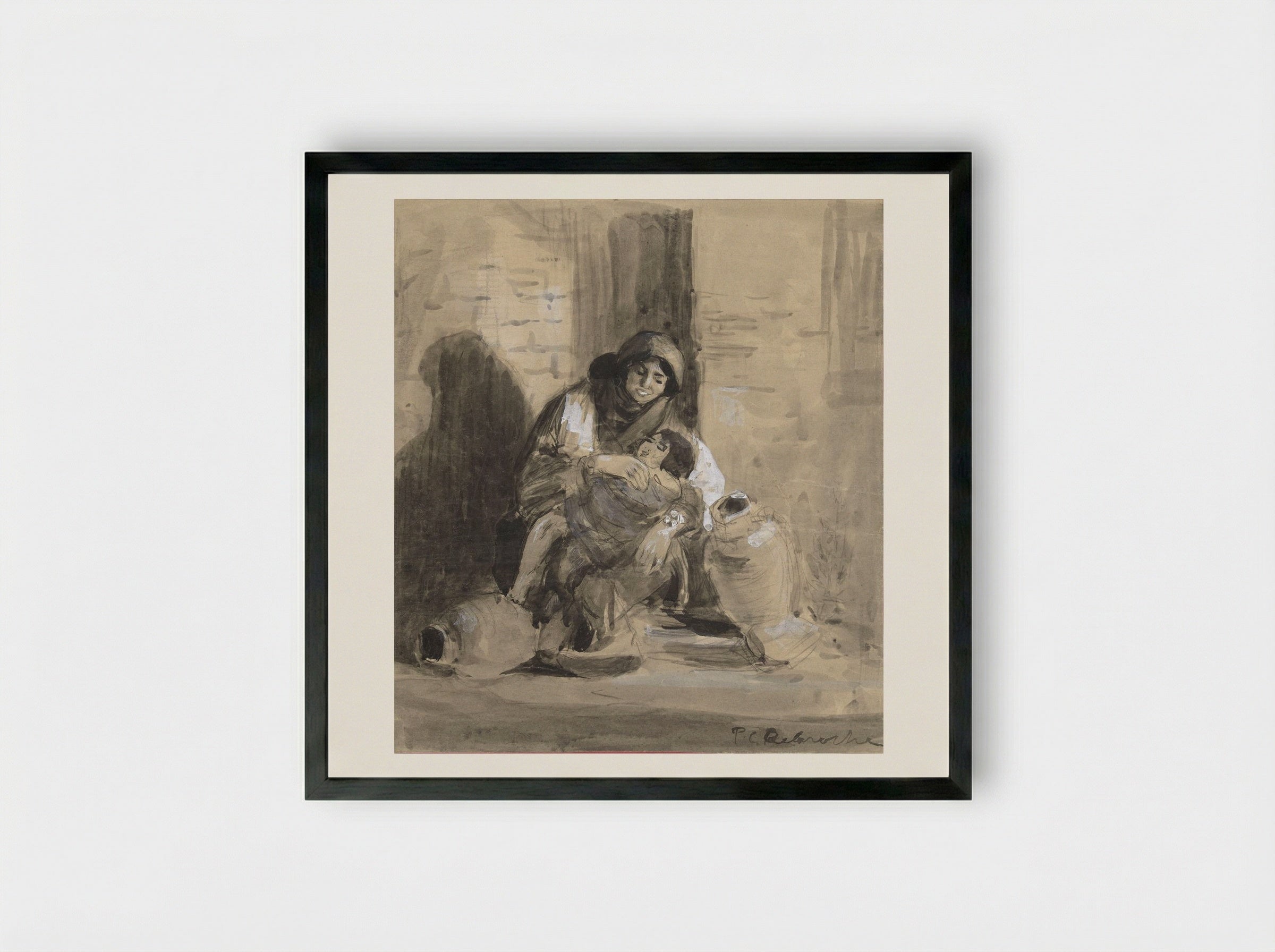 Seated Jewish Woman from Gaza, with her Child and Two Large Pitchers - Paul Delaroche - Framed Print Black