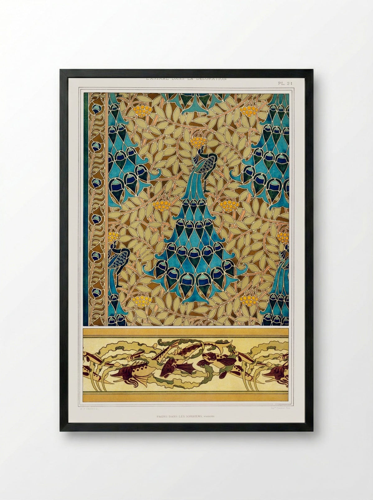 Paons dans les Sorbiers, Poissons et Algues - Maurice Pillard Verneuil - Framed Print Black