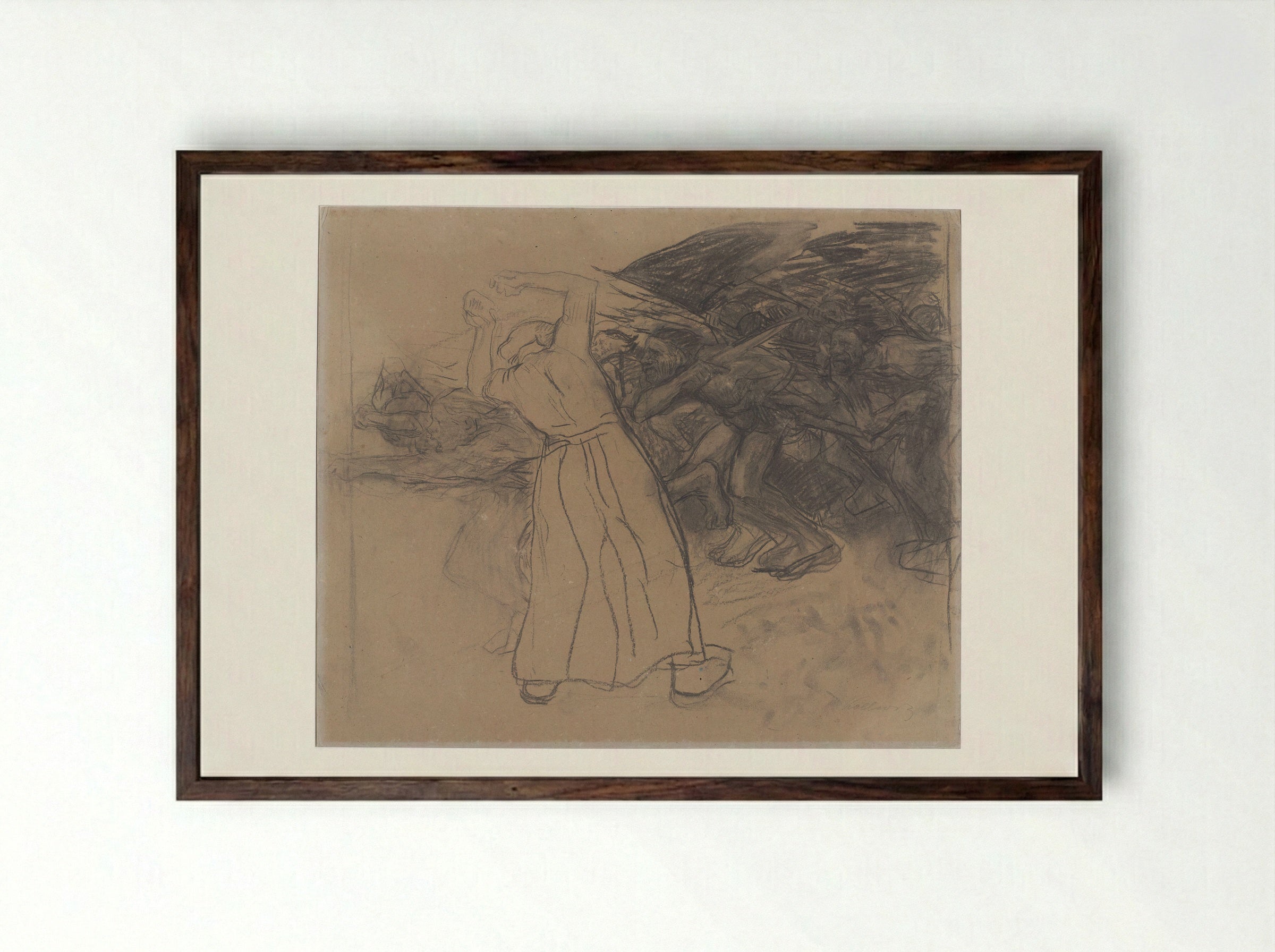 Standing Woman Encouraging a Marching Group of Men - Käthe Kollwitz - Framed Print Dark Wood