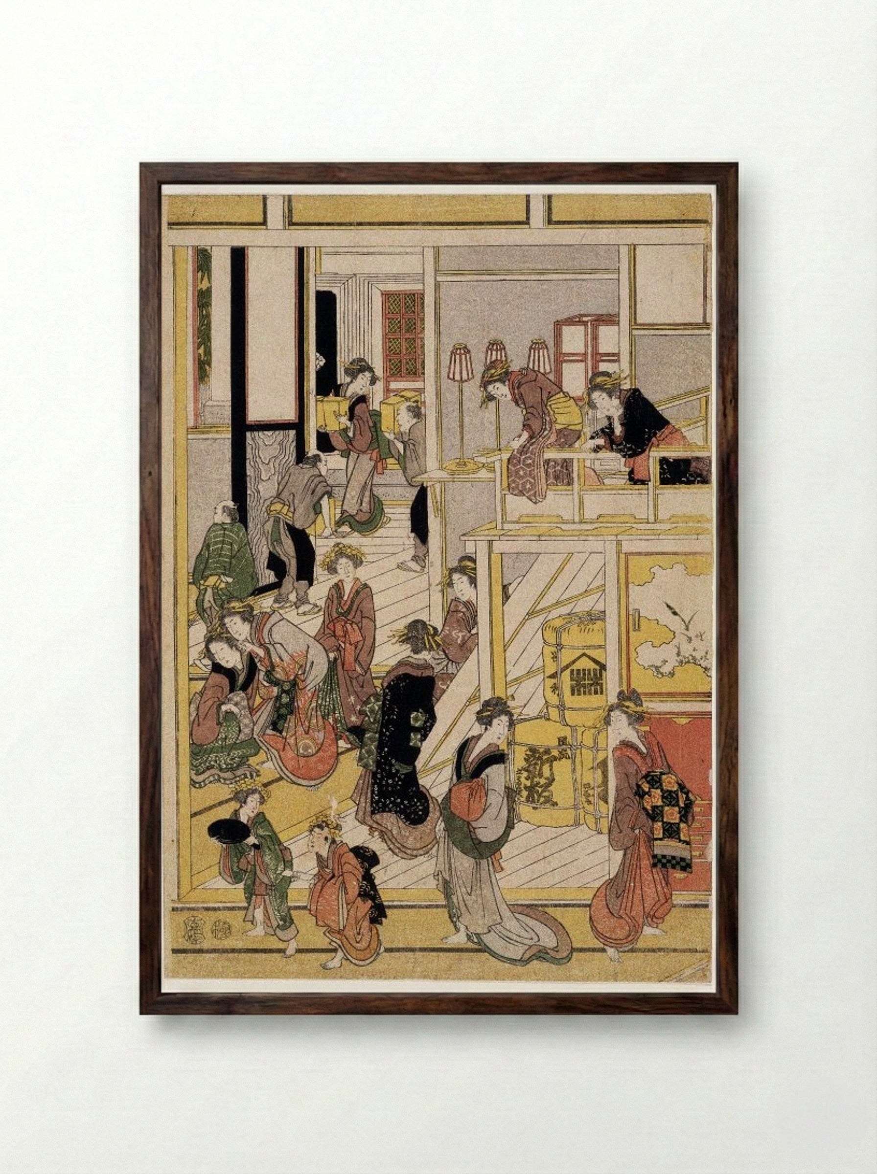 New Year's Days of the Teahouse Ogi-ya - Utagawa Toyokuni I - Framed Print Dark Wood