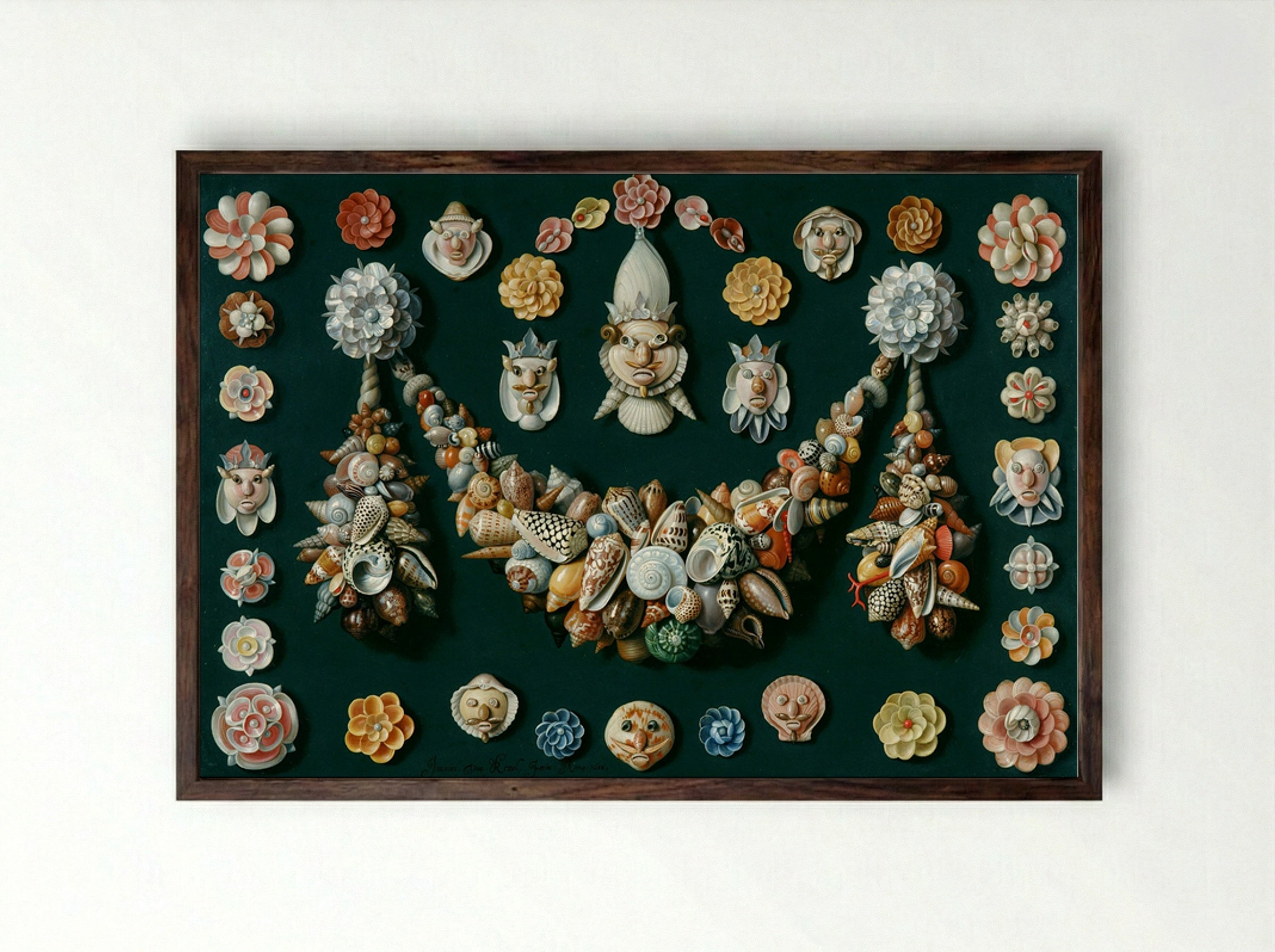 Festoon, Masks and Rosettes Made of Shells - Jan van Kessel the Elder - Framed Print Dark Wood
