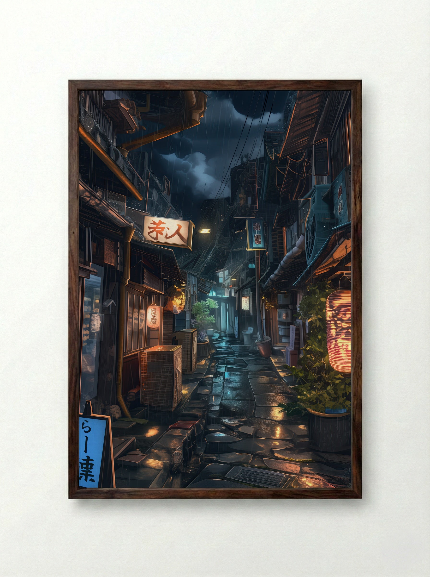 Stormlight Alley – Night Rain in Tokyo - Framed Print Dark Wood